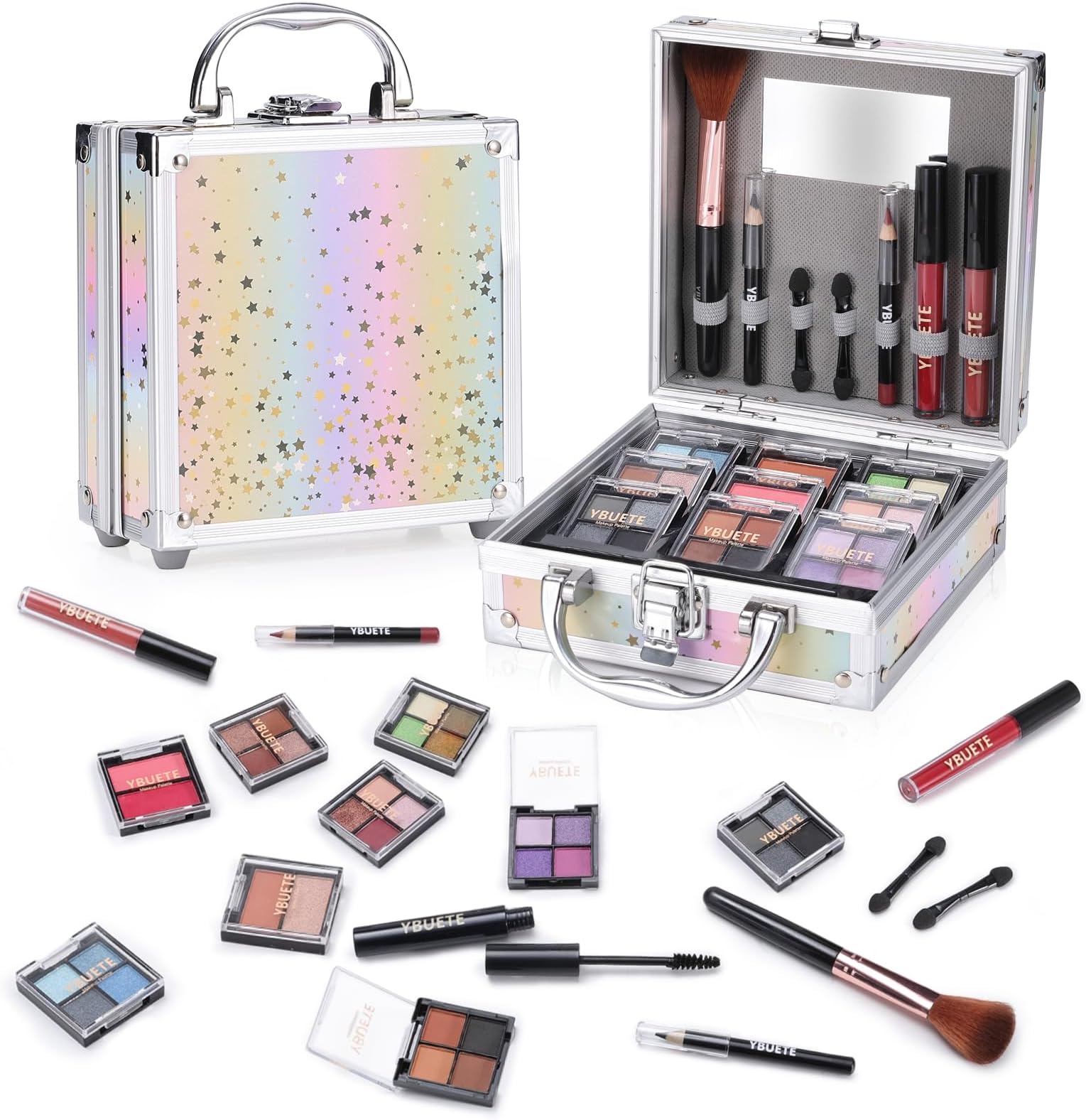 YBUETE Beginner Makeup Kit for Teen Girl Women, Makeup Present for Her, Makeup Set with Cosmetic Train Case Included Eyeshadow Blush Lip Gloss Lip Liner Mascara Eyeliner Mirror (Pink)