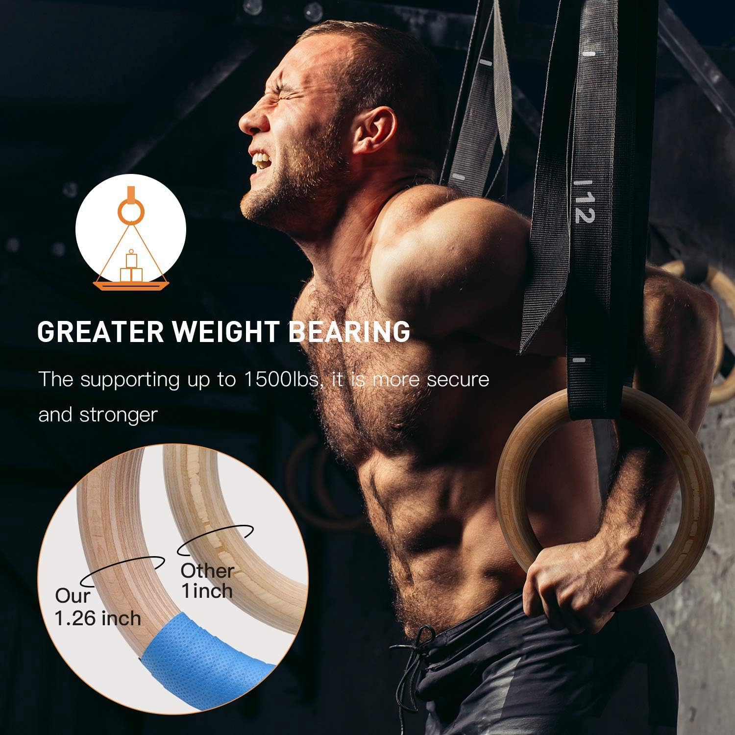 PACEARTH Gymnastics Rings Wooden Olympic Rings 1500lbs with Adjustable Cam Buckle 14.76ft Long Straps with Scale Non-Slip Training Rings for Home Gym Full Body Workout : Sports & Outdoors