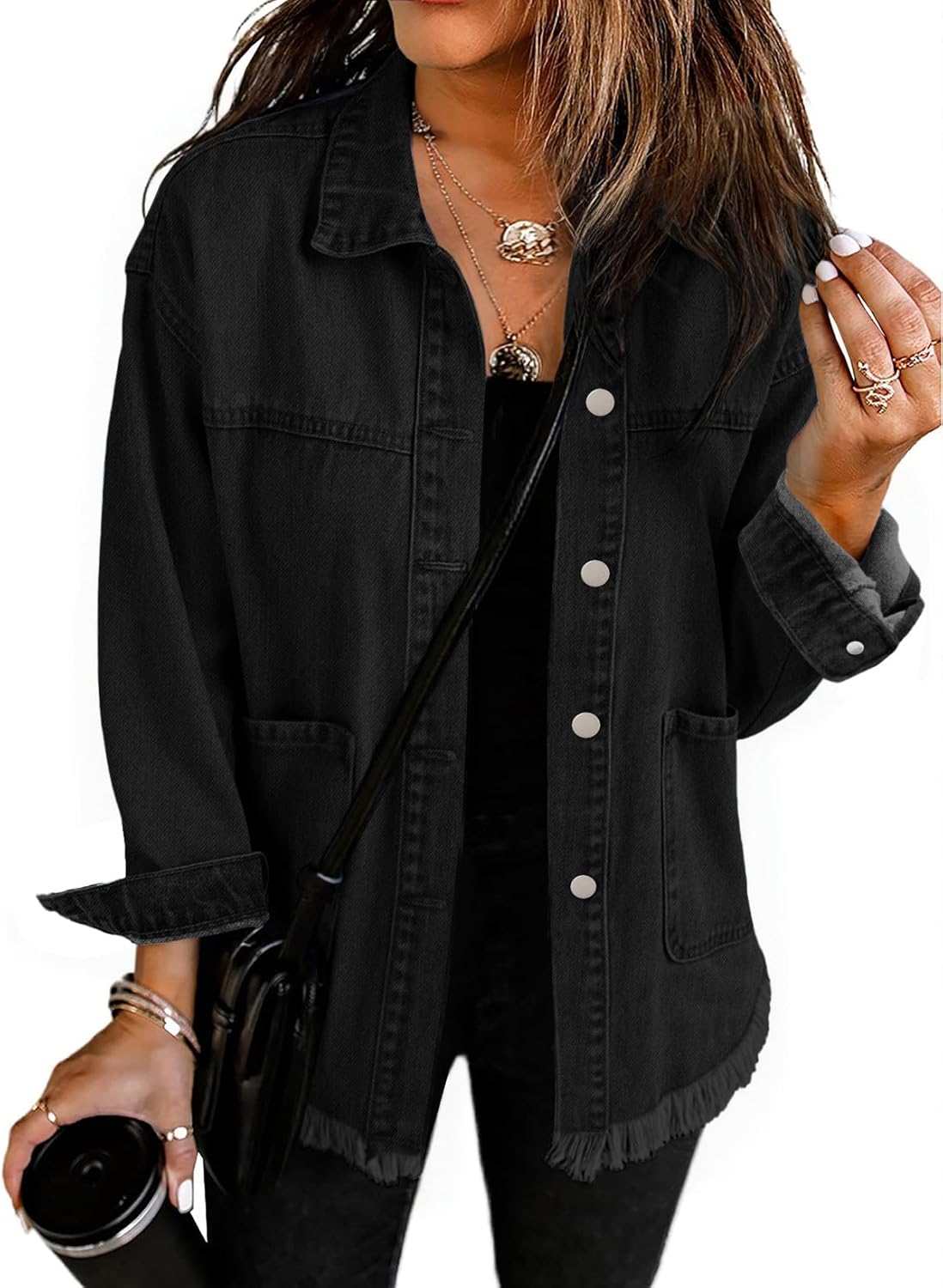 Choichic Denim Jacket for Women Jean Jacket Coat Frayed Hem Shacket Fall Outfits With Huge Pockets