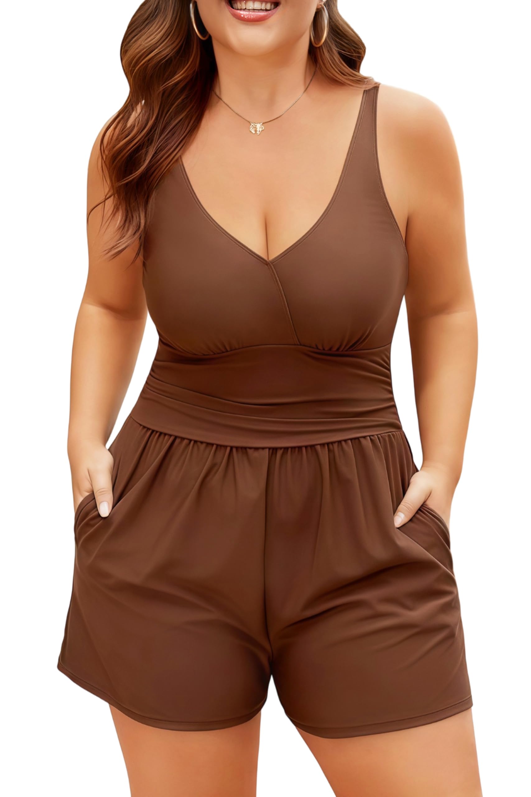 Plus Size Swim Romper Women One Piece Swimsuit Tummy Control Bathing Suit Modest Full Coverage Swimwear with Shorts Pockets-image-41
