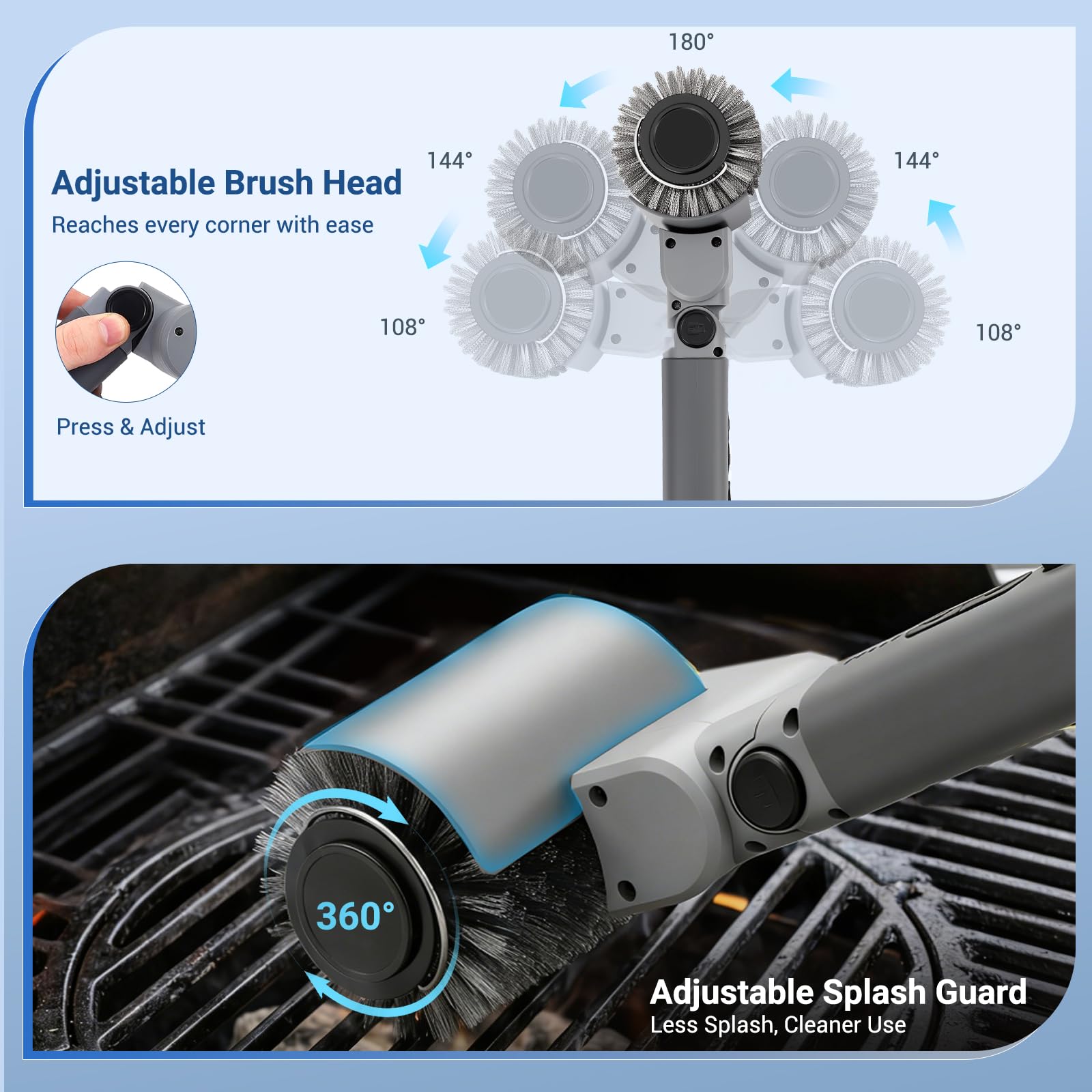 Cepillo Eléctrico Mejorado para Parrilla, Cepillo Barbacoa Inoxidable, Motor de 3 velocidades, 120 min de duración, IPX6 Resistente al Agua, Cepillo Barbacoa para Todo Tipo De Parrilla