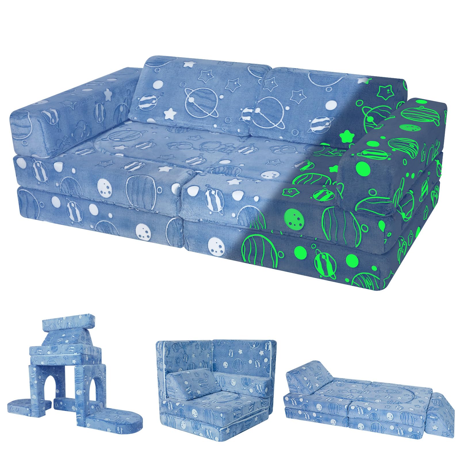 MeMoreCool 10-Piece Kids Play Sofa, Modular Toddler Chair Glow Sofa for Playroom, Fold Out Couch Bed for Girl Boy, Children Convertible Sectional Foam Playset, Blue Astronaut โ image 1