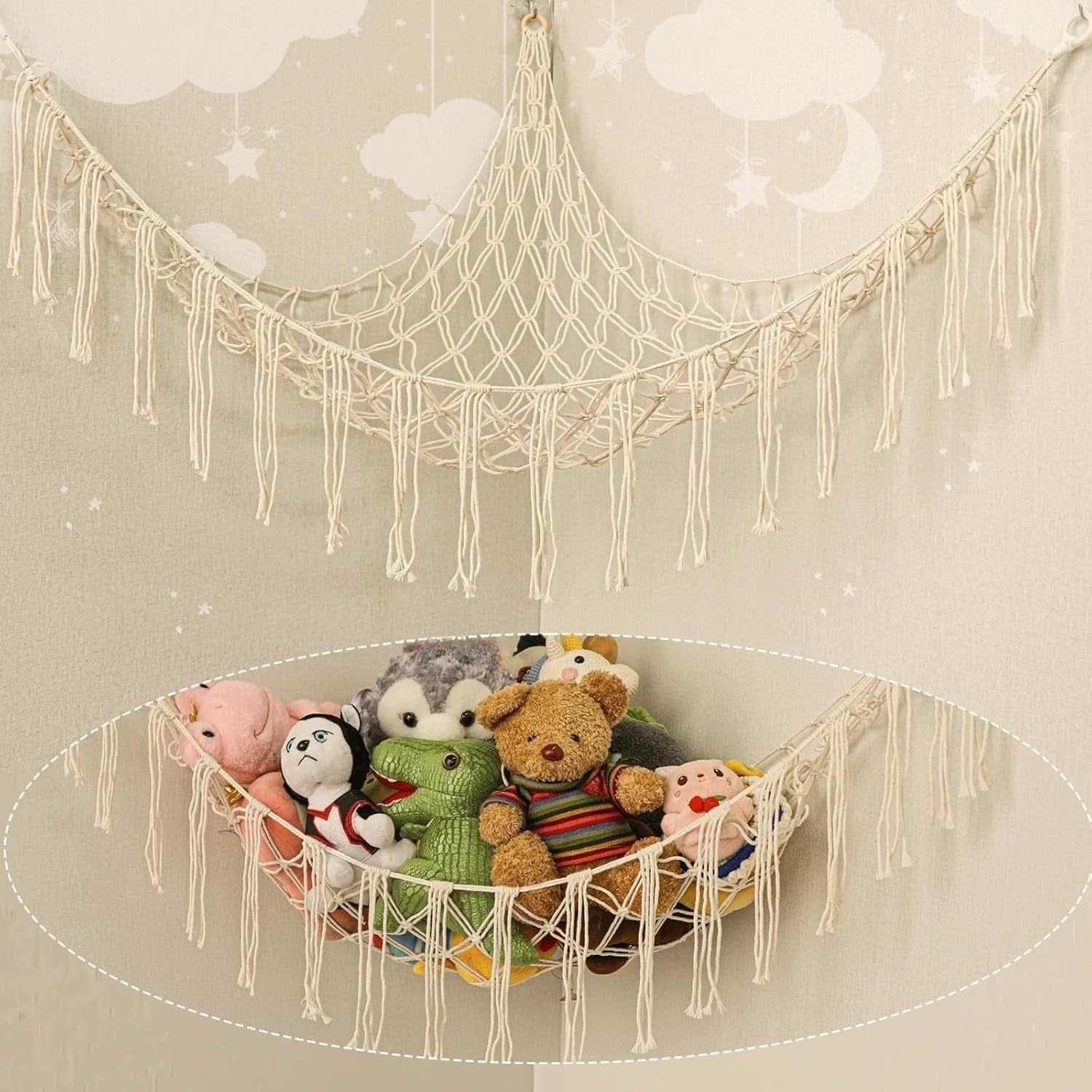 Macrame Plush Toy Hammock, Organize Your Plush Toys Neatly (Beige（43 * 55 in）)