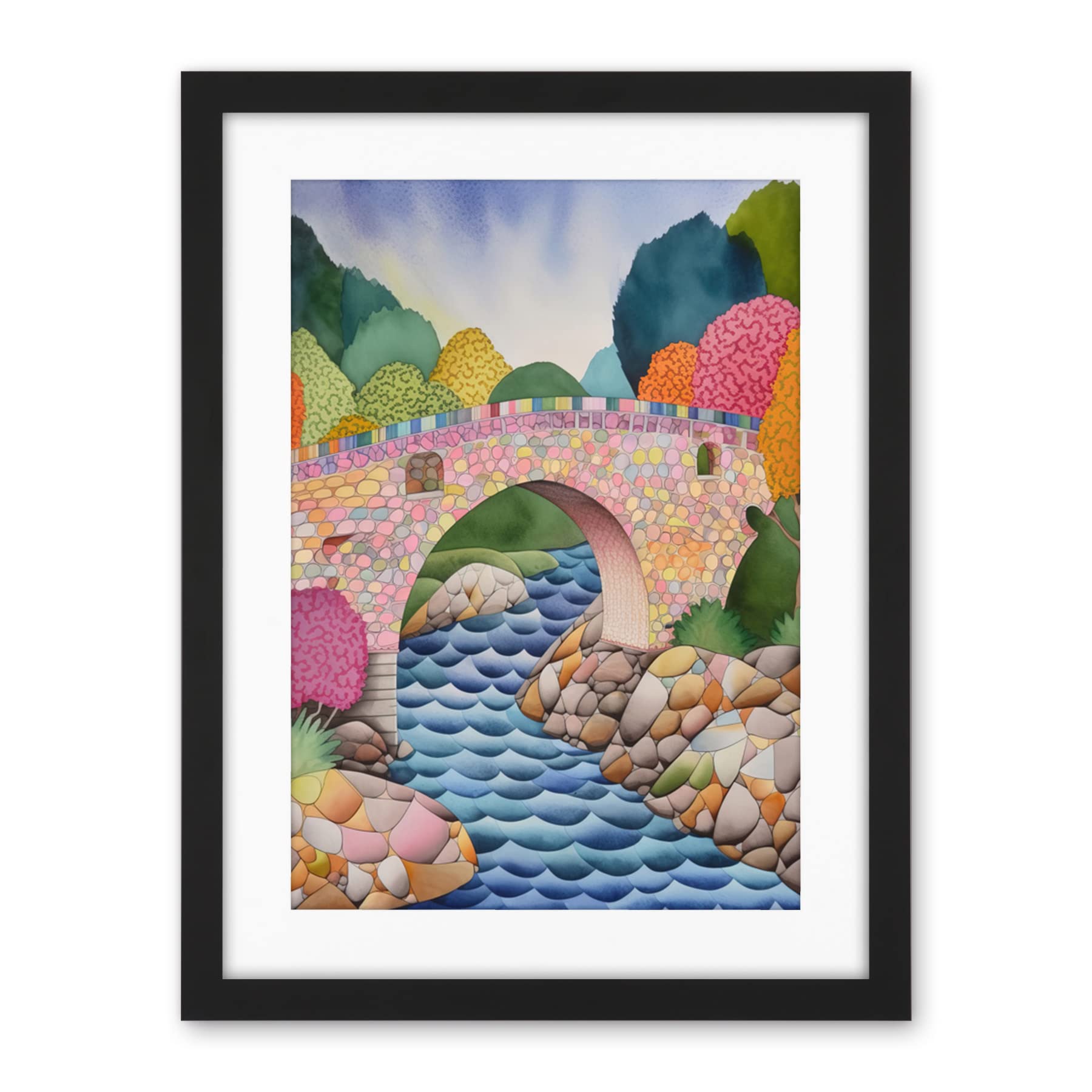 Artery8 Modern Folk Art Countryside Bridge Artwork Framed Wall Art Print 18X24 Inch