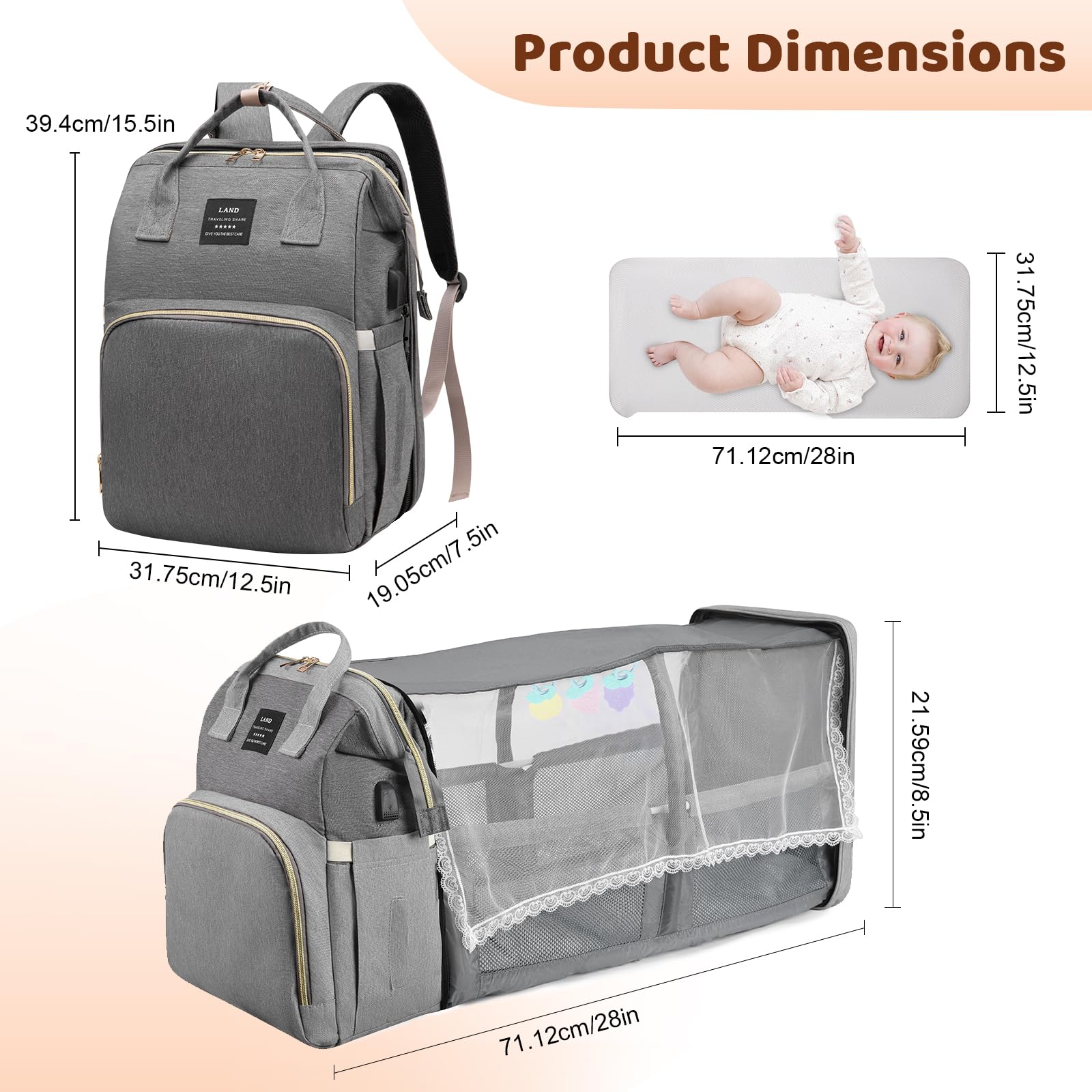 Sac à Dos à Langer pour Bébé, 35L Grande Capacité Sac de Maternité, Sac de Voyage avec Lit de Bébé Portable, Sac à Couches Multifonction avec Serviettes Urinaires et Moustiquaires de Poussette