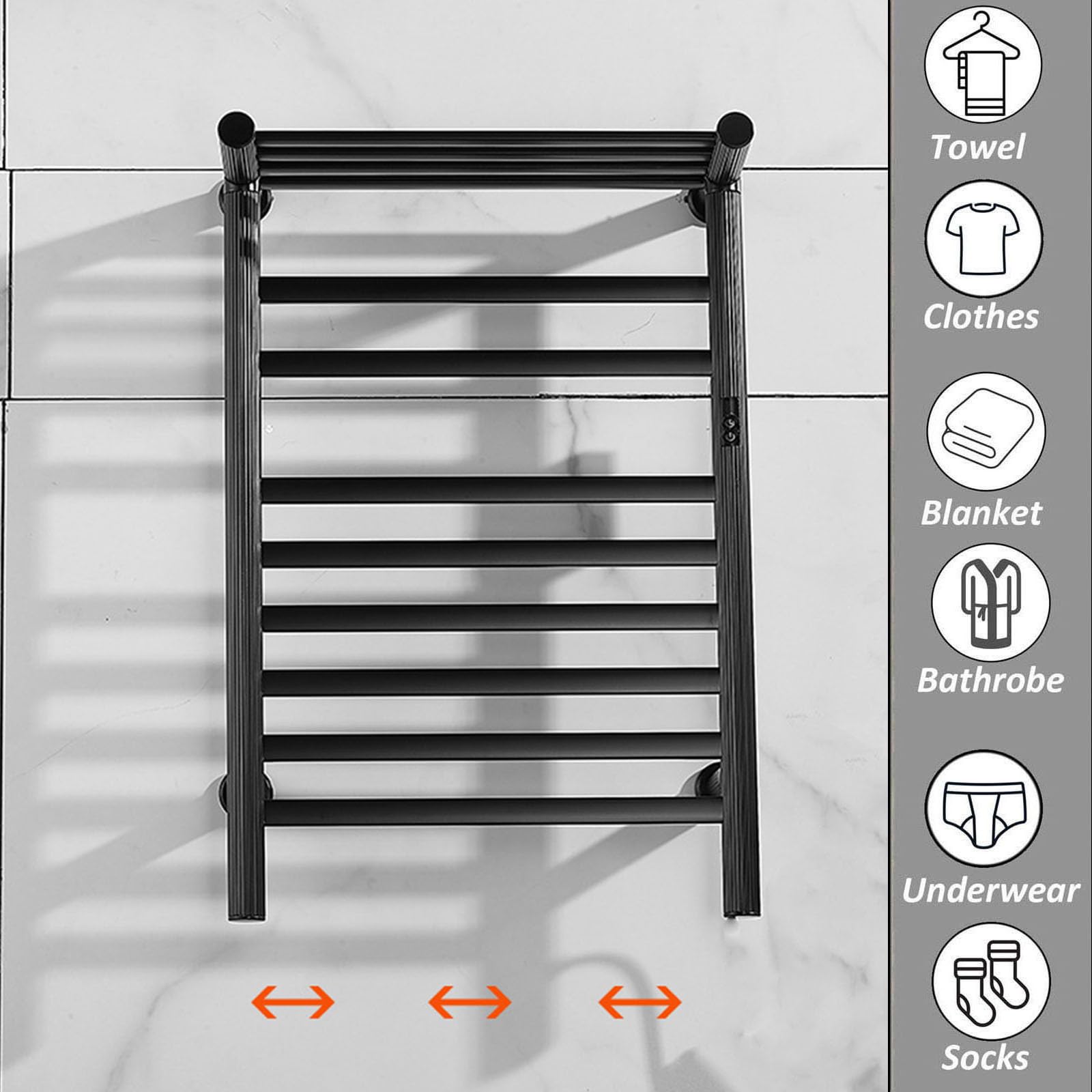 Aluminiowy podgrzewany wieszak na ręczniki z timerem i regulacją temperatury montowany na ścianie łazienkowy wieszak do suszenia ręczników z górną półką czarna lewa linia design dla wydajnego suszenia