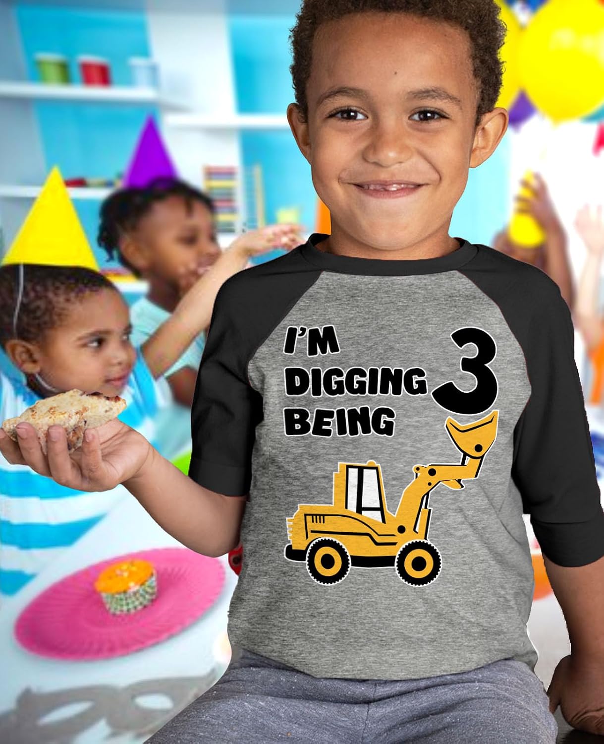 Tstars 3rd Birthday Construction Truck T-Shirt for Toddler Boys - I'm Digging Being 3 Shirt Kids Raglan Tee