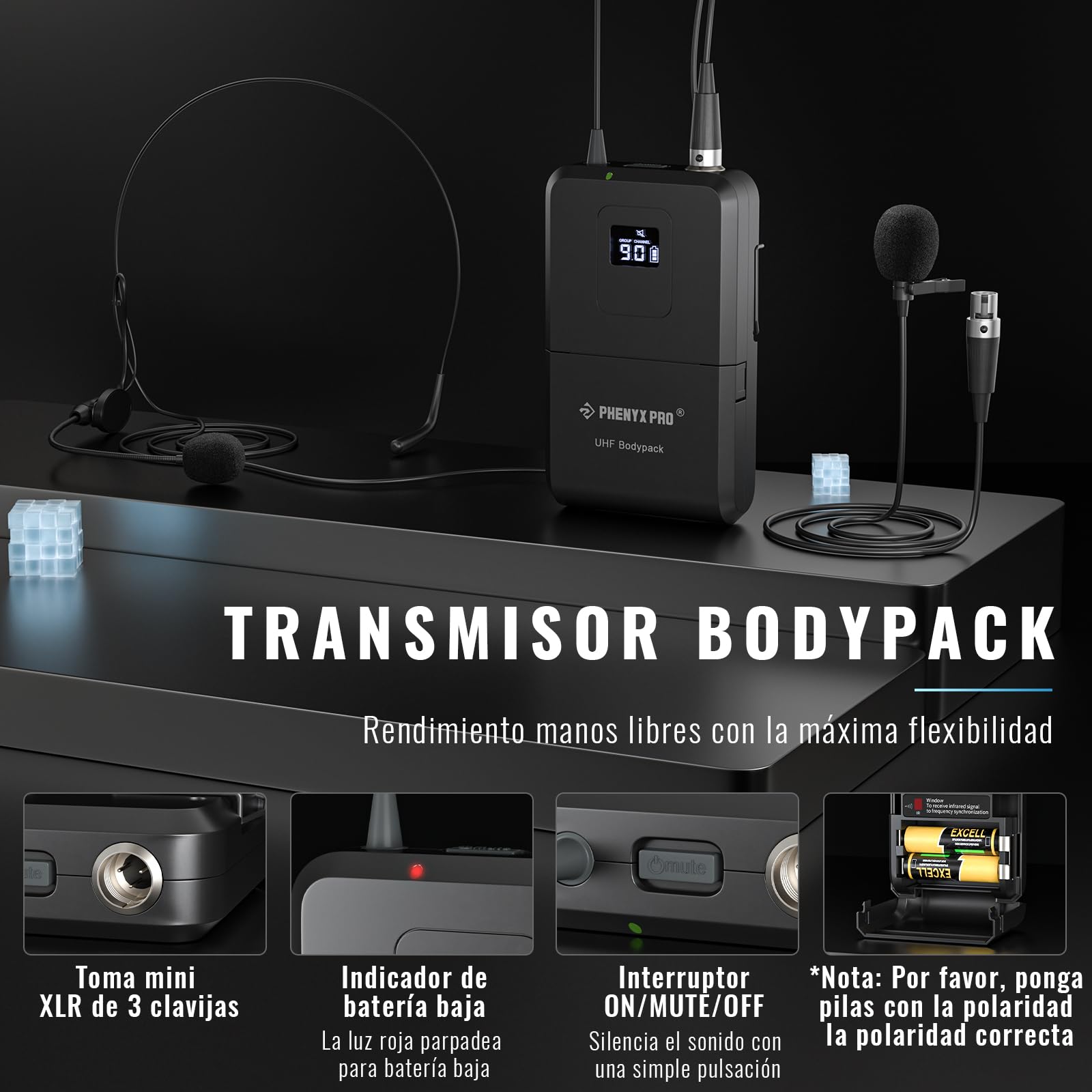 Phenyx Pro Sistema de Micrófono Inalámbrico 4 Canales PTU-7000-2H2B | Escaneo auto, 2 Mics de mano dinámicos, 2 bodypacks, Mics de diadema/solapa, 4 x 40 frecuencias, Alcance 328 ft