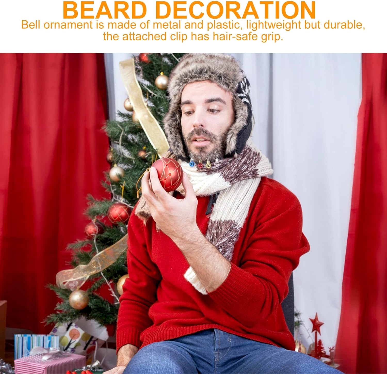 SOLUSTRE 24pcs Christmas Beard Ornaments Light Up Facial Hair Ball Bauble Bell Clip Novelty Holiday Decorations for Men Costume Ugly Sweater Party