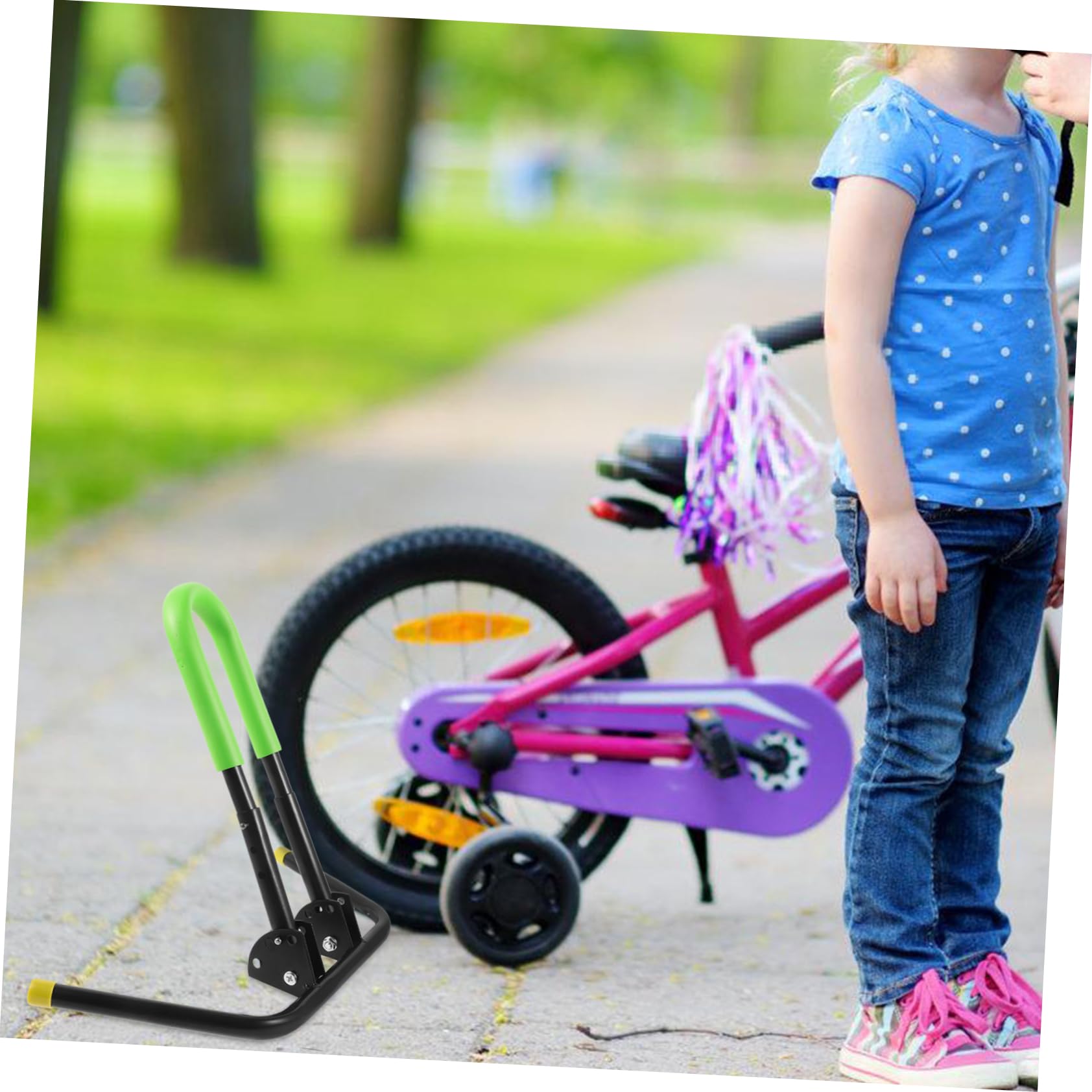 ibasenice Soporte Ajustable para Scooter y Bicicleta Metálico Desmontable para Estacionamiento Estable Soporte Plegable para Bicicleta Infantil y Balance Bike Accesorio de Seguridad Verde