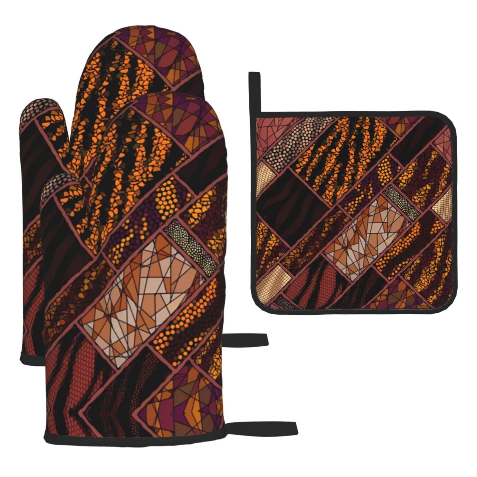 African Style Patchwork Printed Kitchen Oven Mitt Set 3-Piece Heat Resistant Gloves with Pot Holder Mat for Cooking Baking BBQ