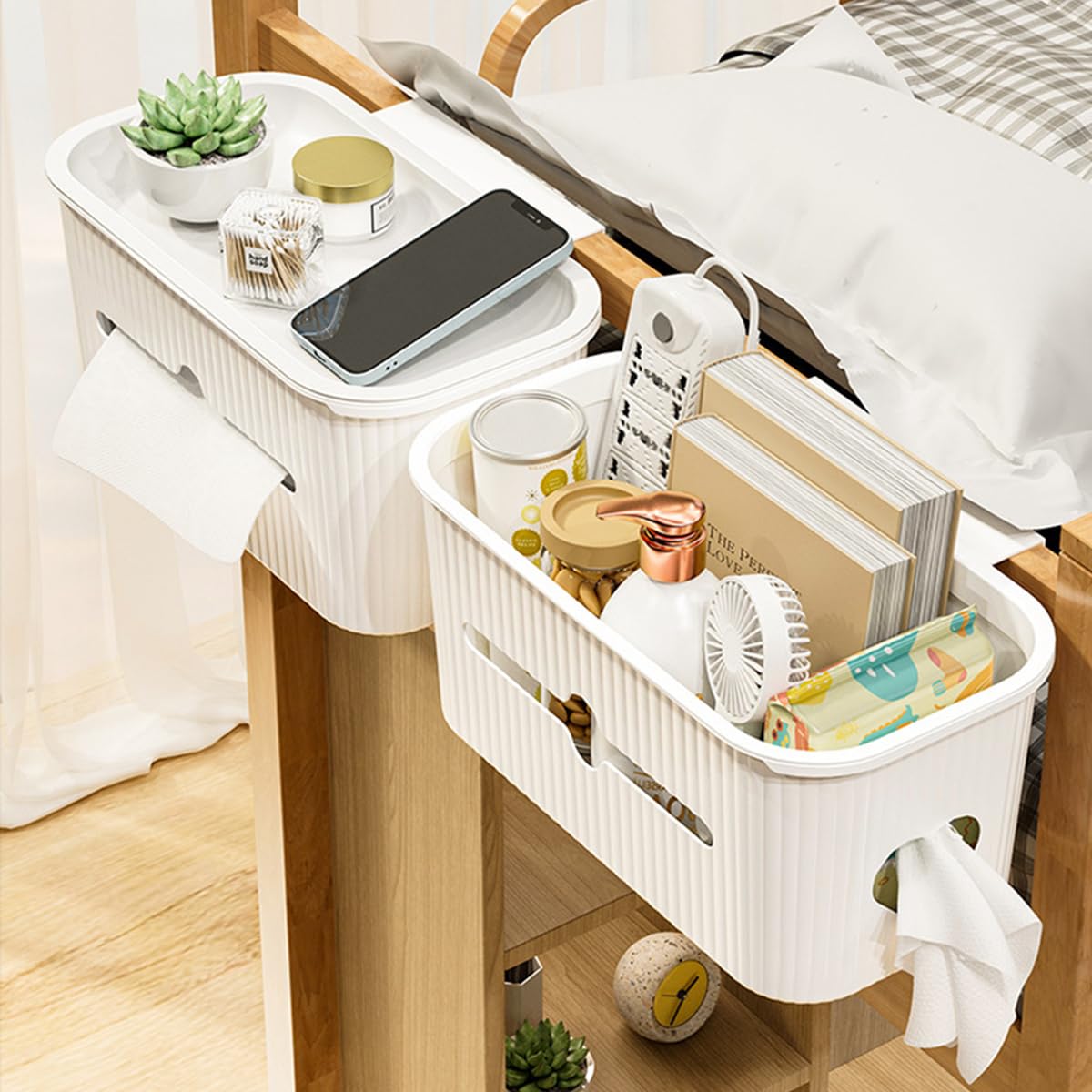 ETOPARS 2 in 1 Bedside Hanging Storage Baskets Dormitory Bunk Bed Pocket Storage Bag Organizer Caddy Desktop Storage Rack for Mobile Phone Magazine Books (Pattern 3-White)