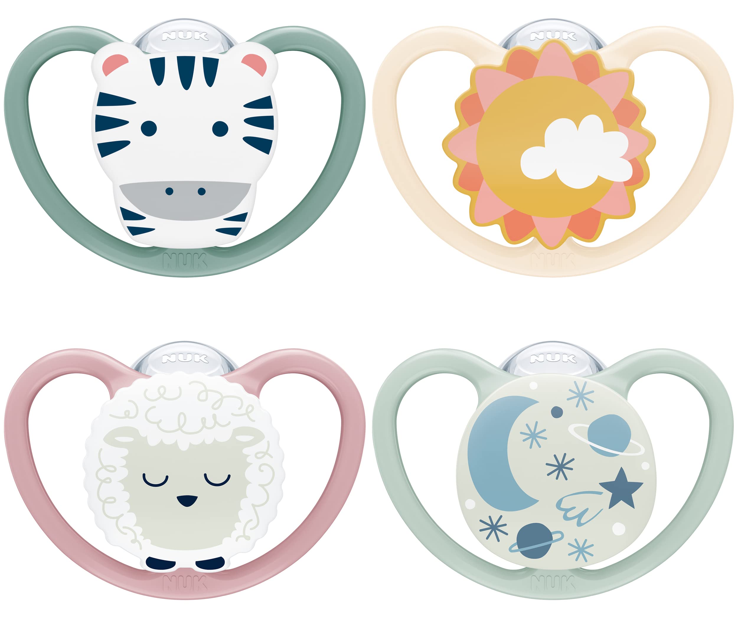 NUK Space Day & Night Baby Pacifier | 18-36 Months | Phosphorescent Pacifier with Extra Large Vents for Sensitive Skin | BPA Free Silicone | Zebra and Sheep | 4 Pack