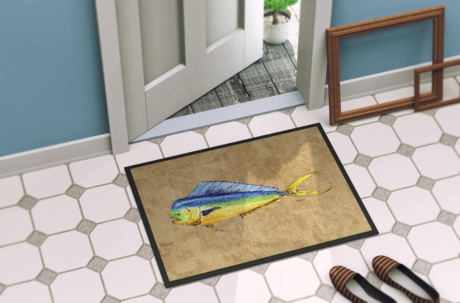 Caroline's Treasures 8810JMAT Dolphin Mahi Mahi Doormat 24x36 Front Door Mat Indoor Outdoor Rugs for Entryway, Non Slip Washable Low Pile, 24H X 36W