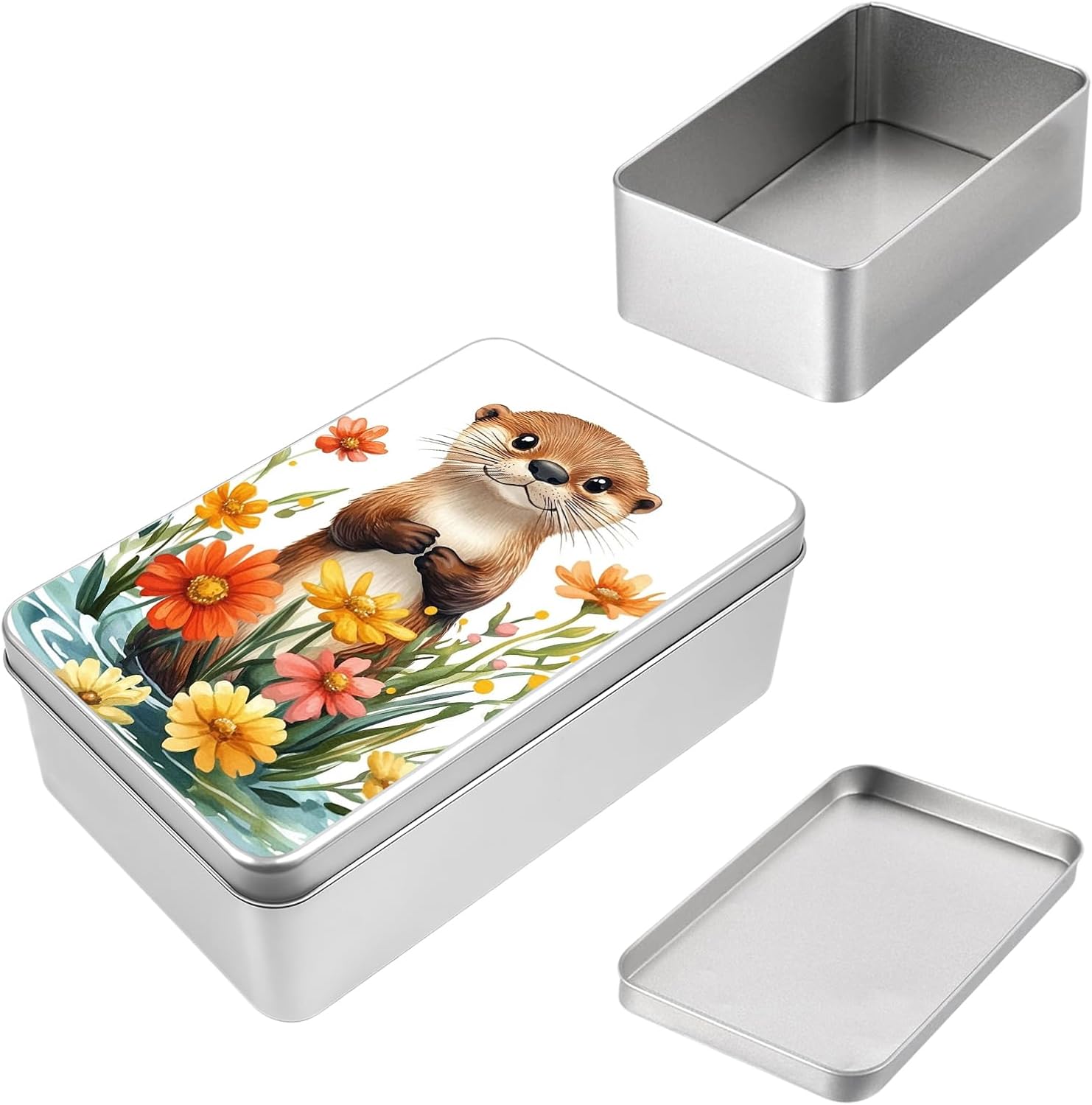 Small Tin Box with Lids Multipurpose Tin Can Home Organizer Storage Container for Jewelry Pencils Car Keys and Other Small Items,Sea Otter Flowers