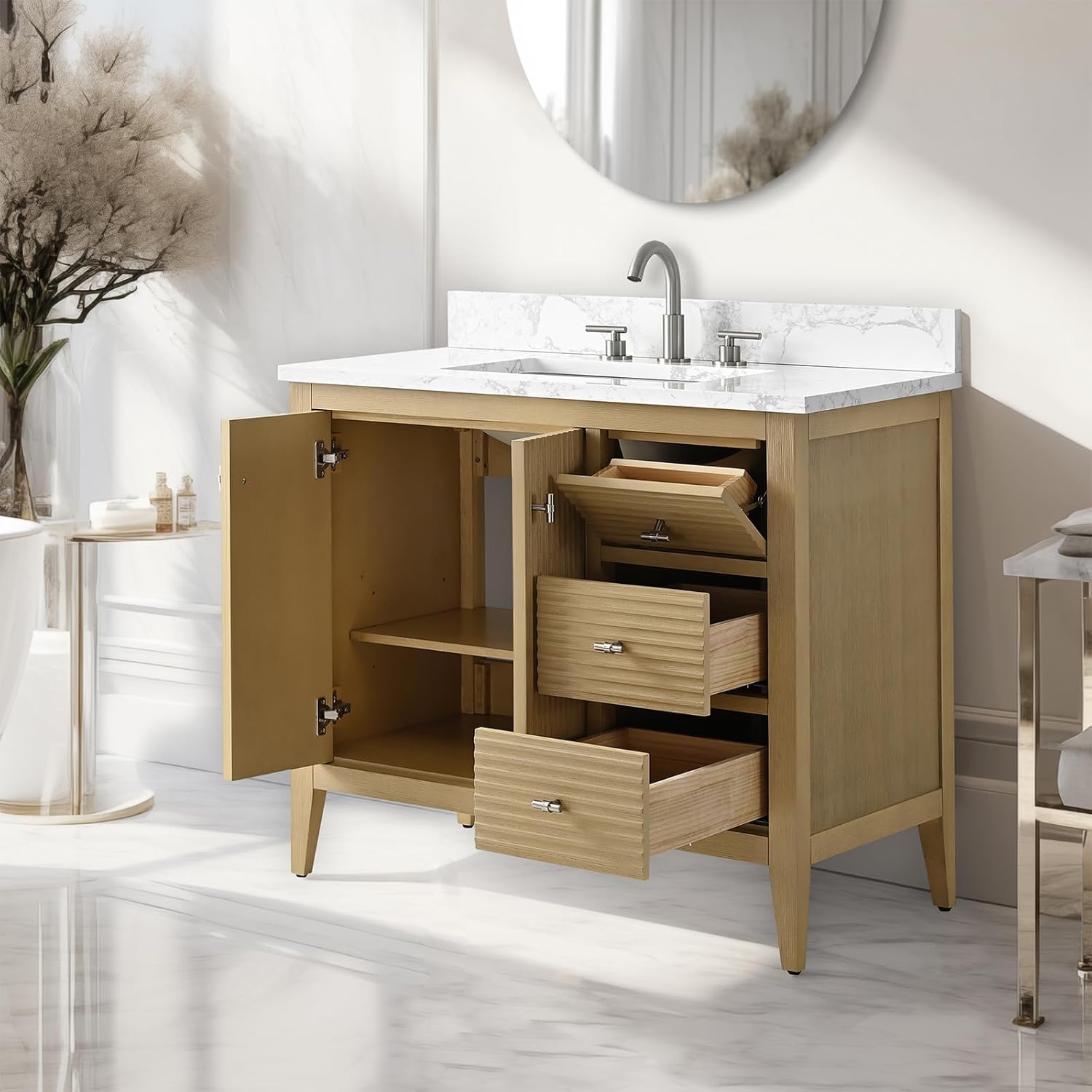 Vanity Art 36 inch Bathroom Vanity with Single Sink & Ceramic Top, Vanity Cabinet with Soft-Closing Door, Solid Wood Frame, Linear Pattern, Natural Oak, Golden Brushed Handware VA9136-NO-GB