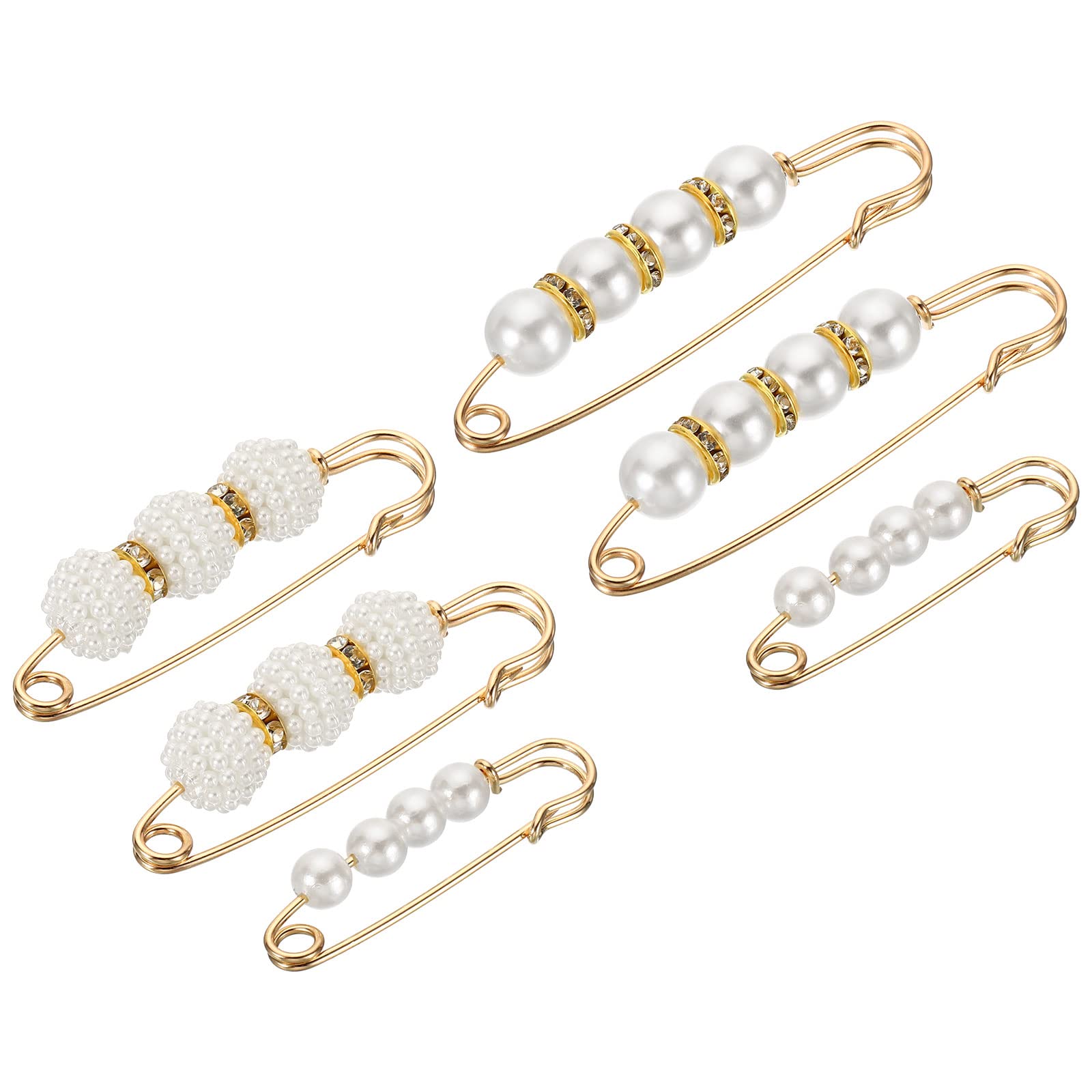 sourcing map Pearl Brooch Pins 6 Styles 1.5/2.3/3 Inch Metal Faux Pearl Decorative Collar Safety Pins Clips for Women Clothing Dress Pants Trousers Skirt Waist, White, 6pcs