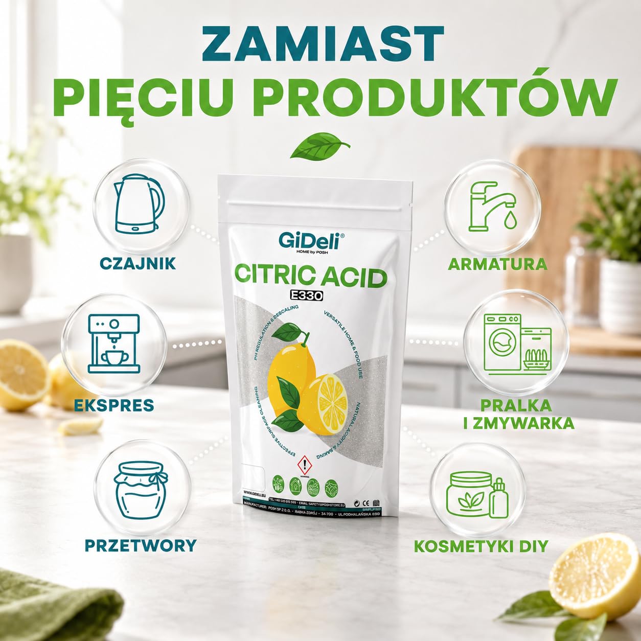 GiDeli Kwas Cytrynowy 4 Worki po 5 kg - E330 Spożywczy - Odkamieniacz