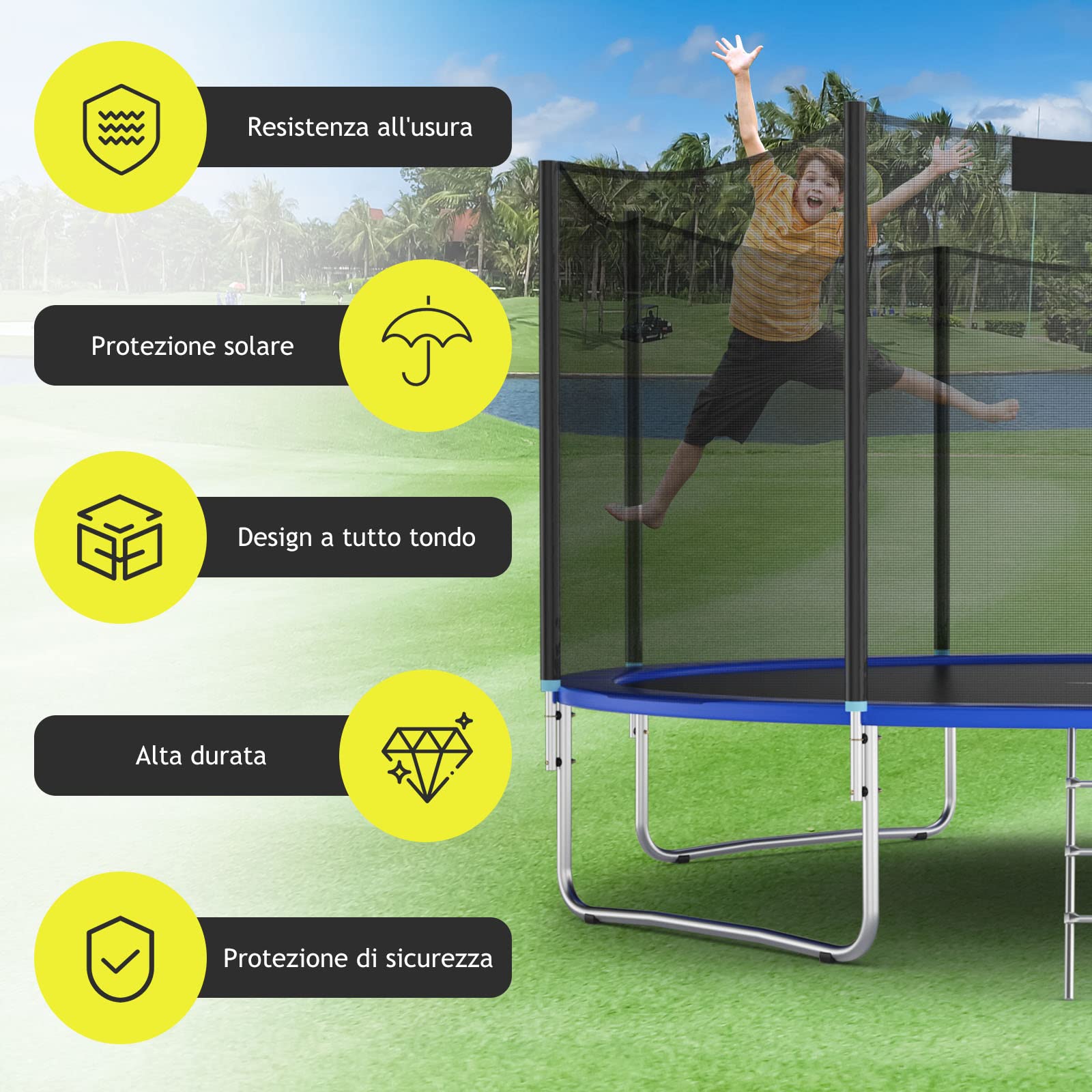 COSTWAY Rete per Trampolino Sostitutiva 244cm/305cm/366cm/427cm/457cm/488cm, Ideale per Struttura Rotonda con 6/8 Paletti con Doppie Cerniere, Fibbie di protezione e Ganci