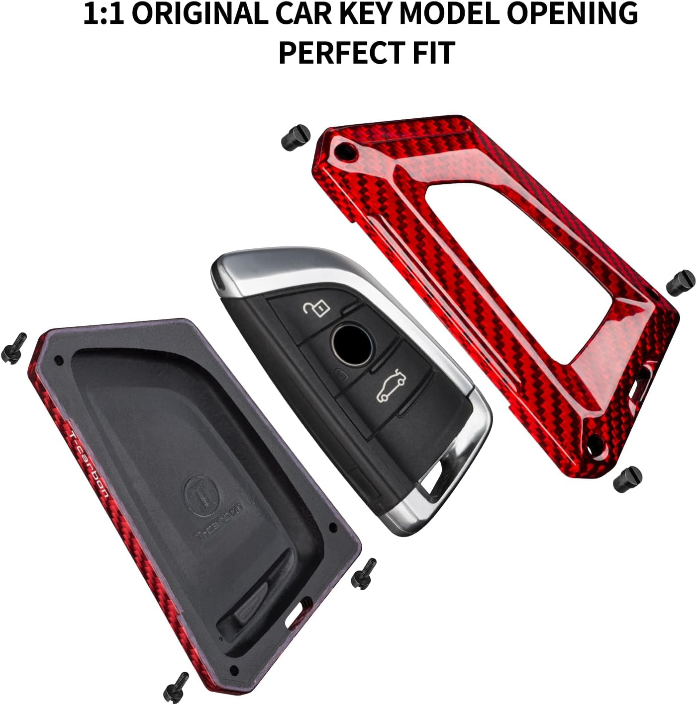 T-carbon Key Fob Cover with Keychain Fits BMW 3 4 5 6 6GT 7 8 Series X1 X2 X3 X4 X5 X6 X7 M3 M4 M5 M8 X3M X4M X5M X6M Z4 2014-2024;Real Glass Fiber Key Fob Case Fits BMW Smart Keyless Accessories Red