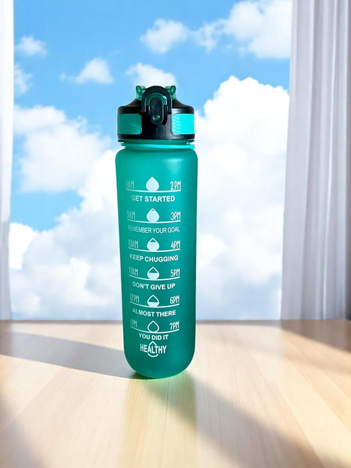 Sports Water Bottle with Time Marker, 32 Oz, Motivational Tracking, BPA Free, Blue, Green and Black (Green)