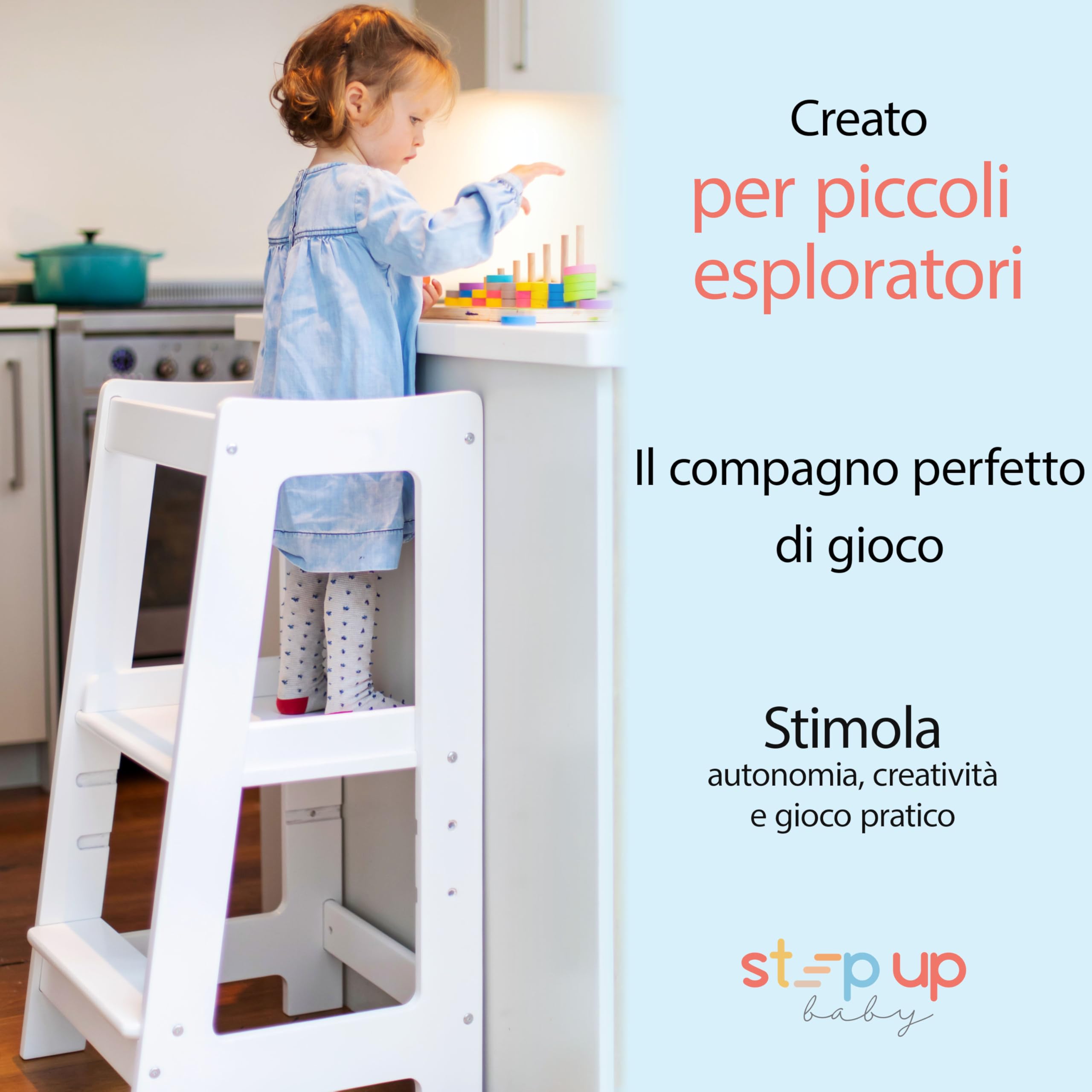 Stepup Baby Torre Montessoriana 3 Altezze Regolabili Torre di Apprendimento Ringhiera Sicurezza Bianco