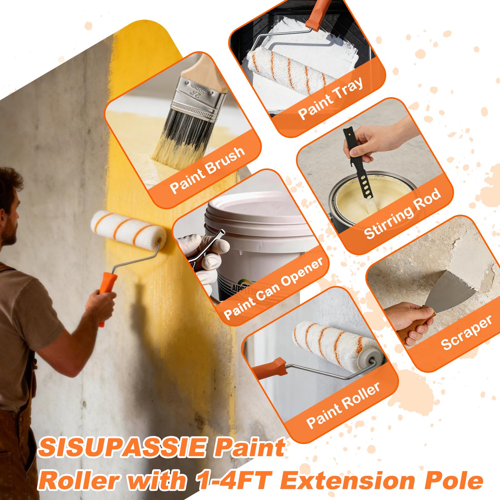 SISUPASSIE Juego de rodillos de pintura con barra de extensión de 0,3 a 1,3 m, juego de 27 rodillos de pintura y bandejas para pintar, juegos de rodillos de 23 cm y 10 cm para paredes, techo, puerta