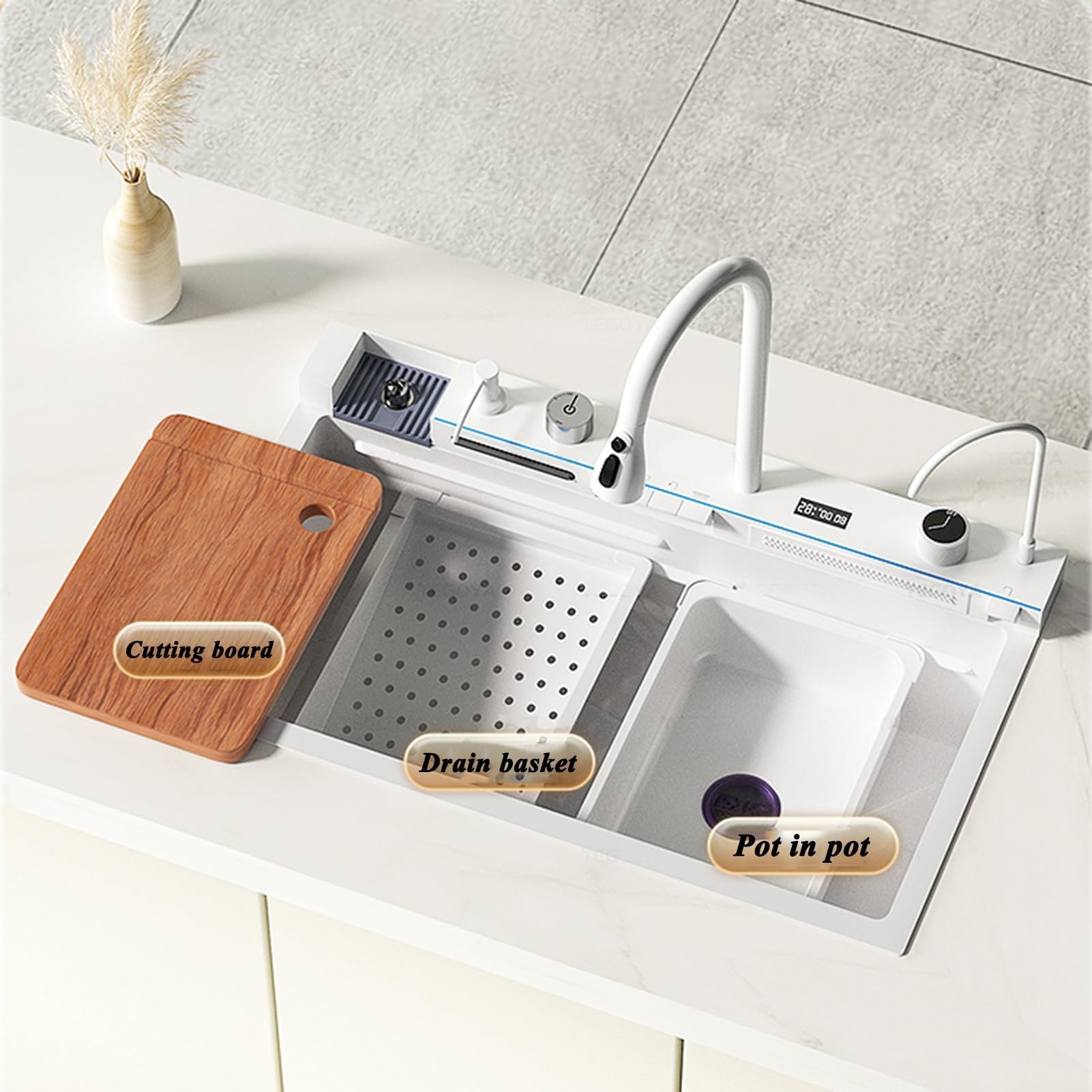 Smart Digital Display Küchenspüle mit herausziehbarem Wasserhahn, Edelstahl, doppelter Wasserauslass, 3 Entladungsmodi für vielseitiges Spülen und einfache Verwendung