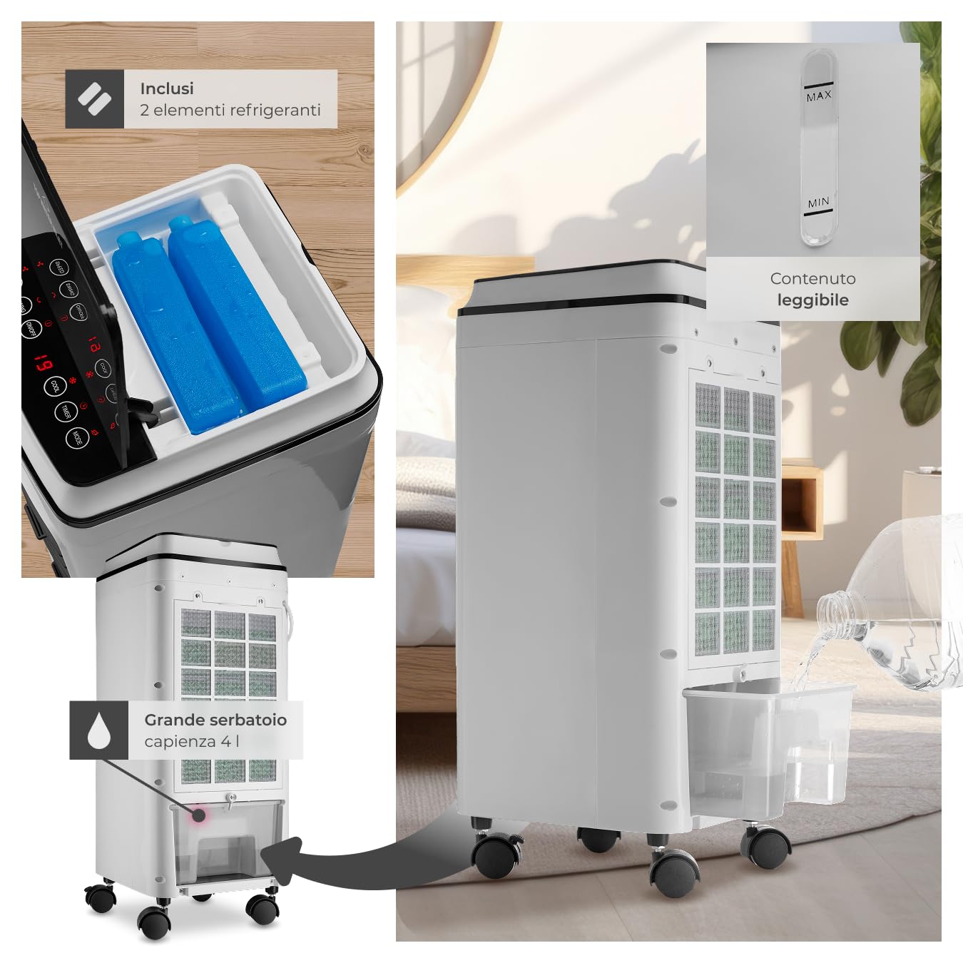 tectake® Condizionatore Portatile, Umidificatore Ambiente, Ventilatore, Raffrescatore d'Aria, Serbatoio Acqua con Indicatore, Pannello di Controllo Touch, Tre Livelli di Velocità - Bianco