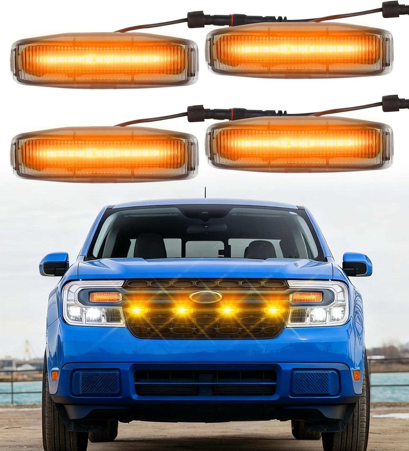 LED Grill Lights for Ford Maverick 2022 2023 2024 Truck Accessories Front Grille Raptor Light Bar (Amber, 22-24 XLT Only)