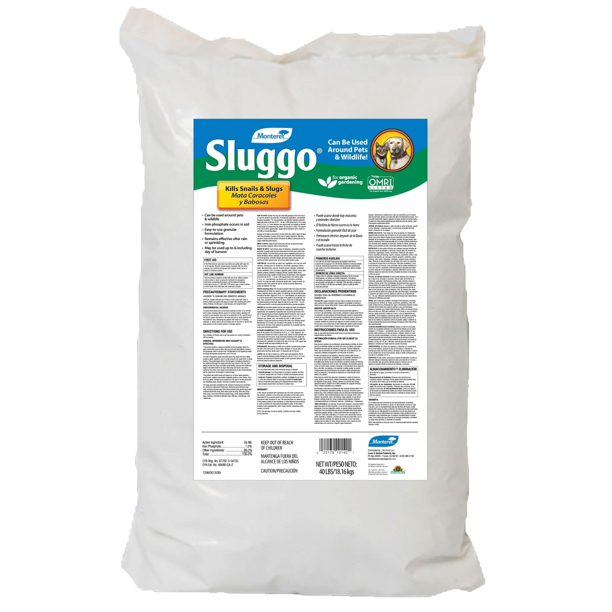 Monterey Sluggo - Organic Gardening Slug Bait &amp; Killer, Wildlife and Pet Friendly, 40 Pounds