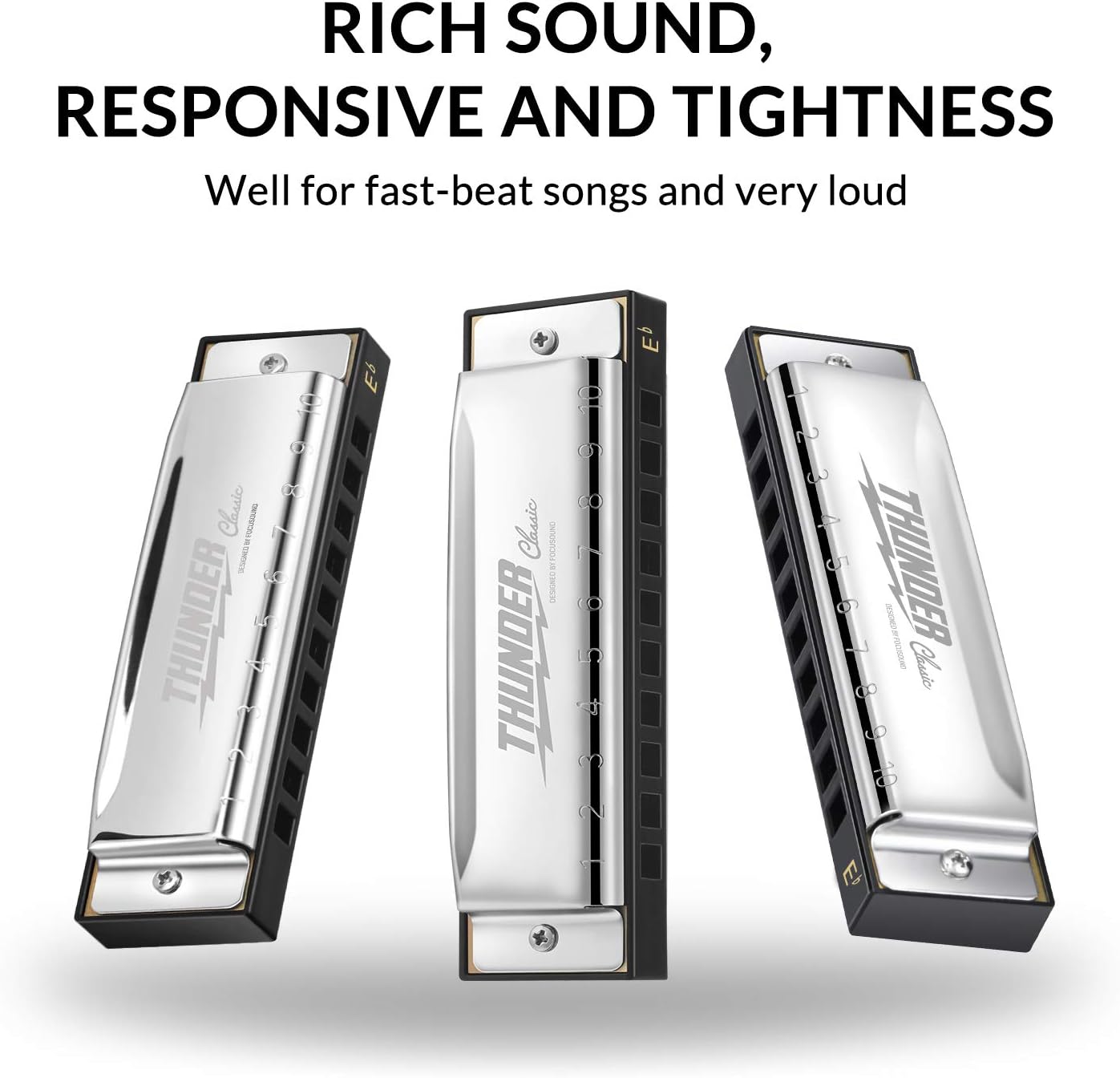 Focusound Thunder Harmonica Key of Eb Blues Harmonica 10 Holes 20 Tones with Quick Start Harmonica Guide and Cleaning Cloth for Beginner, Adults and Students