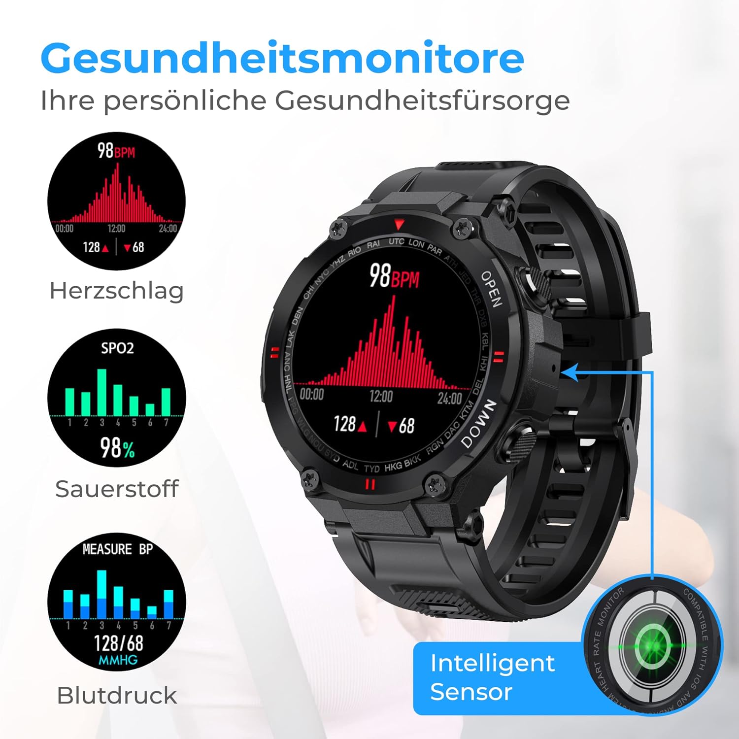 Nuvance K22 Smartwatch displaying heart rate, SpO2, and blood pressure readings