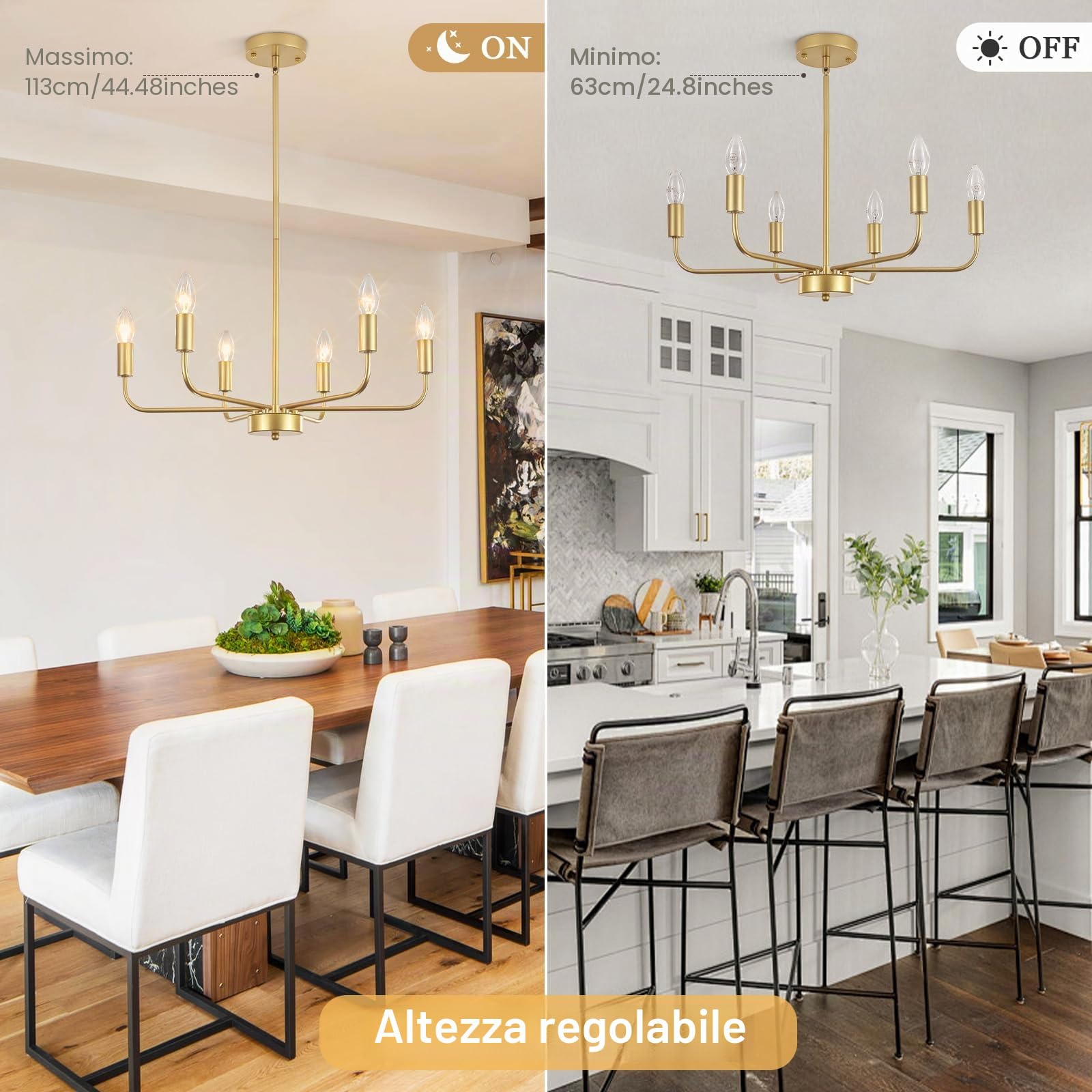 Lampadario Dorato a 6 Luci, Moderni, Lampade da Soffitto per Soggiorno | Lampada a Sospensione Dorata per Sala da Pranzo, Camera Letto, Corridoio, Iingresso, Altezza Regolabile