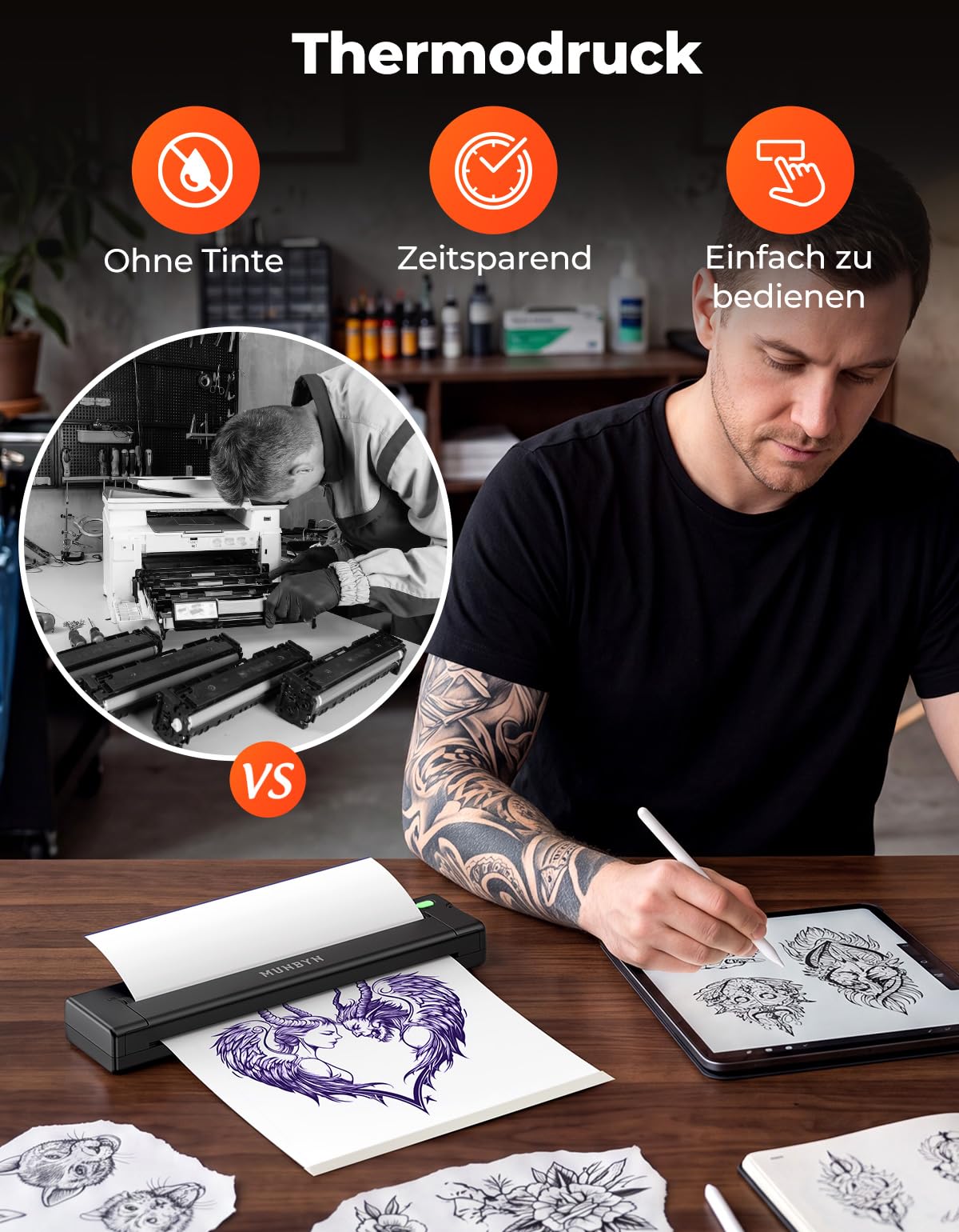MUNBYN ITP05S Tattoo Drucker Bluetooth, Stencil Drucker, Tattoo Printer Thermodrucker mit 10 Blatt A4 Transferpapier, kompatibel mit Android, iOS, macOS und Windows, Schwarz