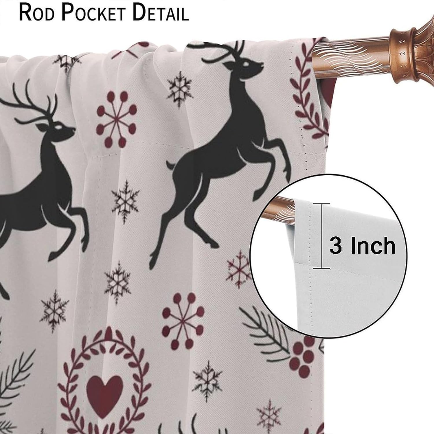 Cartoon Deer Snow Christmas Curtains Love Shape Heart Leave Animals Printed Rod Pocket Thermal Insulated Blackout Window Drapes for Living Room and Bedroom Party 42" W X 45" L