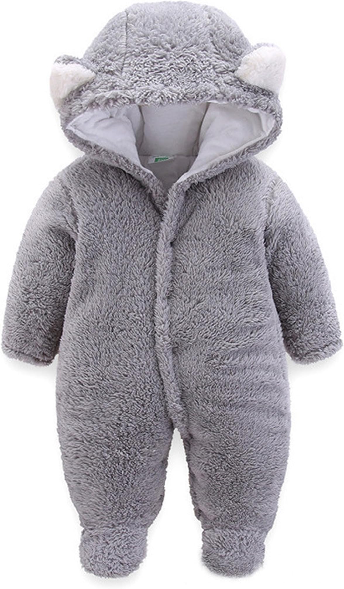 Warm Baby Winter Jumpsuit Fleece Romper Suits Cute Thick Bear Snowsuit for 0-12months