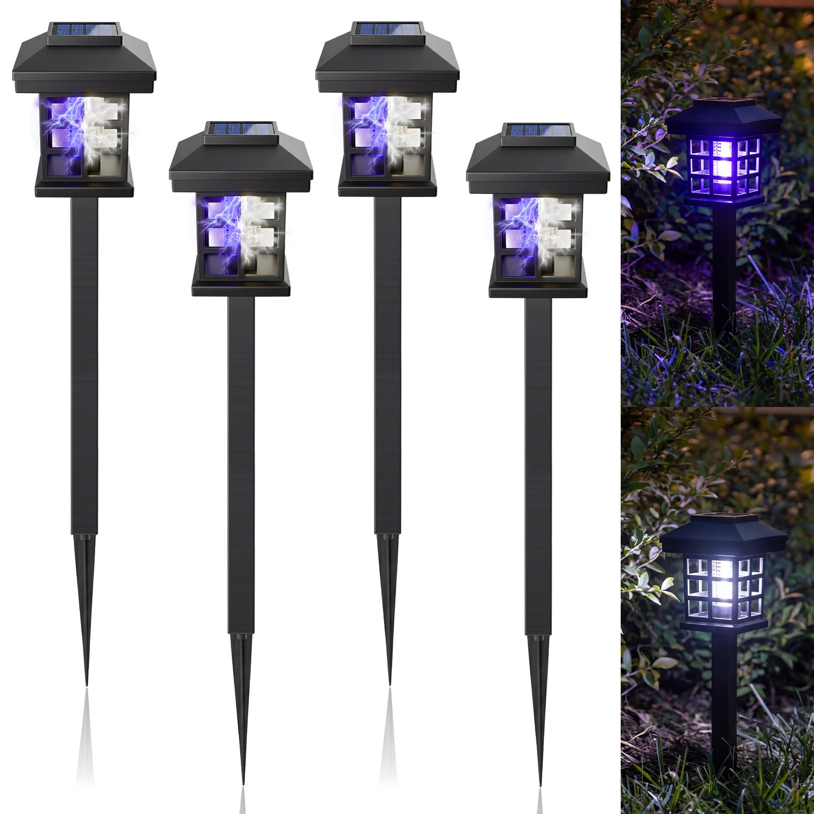 4 Stück Solar Insektenvernichter Outdoor Wasserdicht 2 in 1 Mückenzapper Solarbetriebene Mückenfalle Abwehr Lampe tötet Insekten LED-Lampe mit weiß-violettem Licht für Garten, Terrasse, Hof
