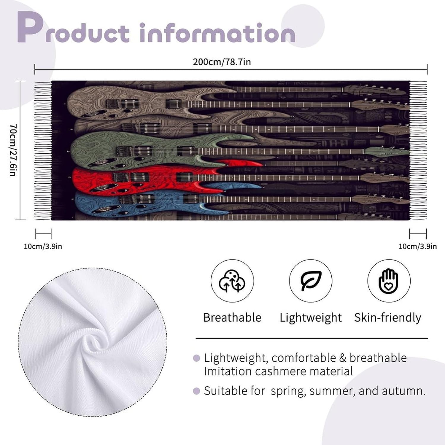 Guitar Pattern Scarf for Women Men Classic Fashion Blanket Scarves Soft Cashmere Feel Scarf Cold Weather Warm Long Shawl Winter Large Scarves Classic Blanket Scarfs Thick