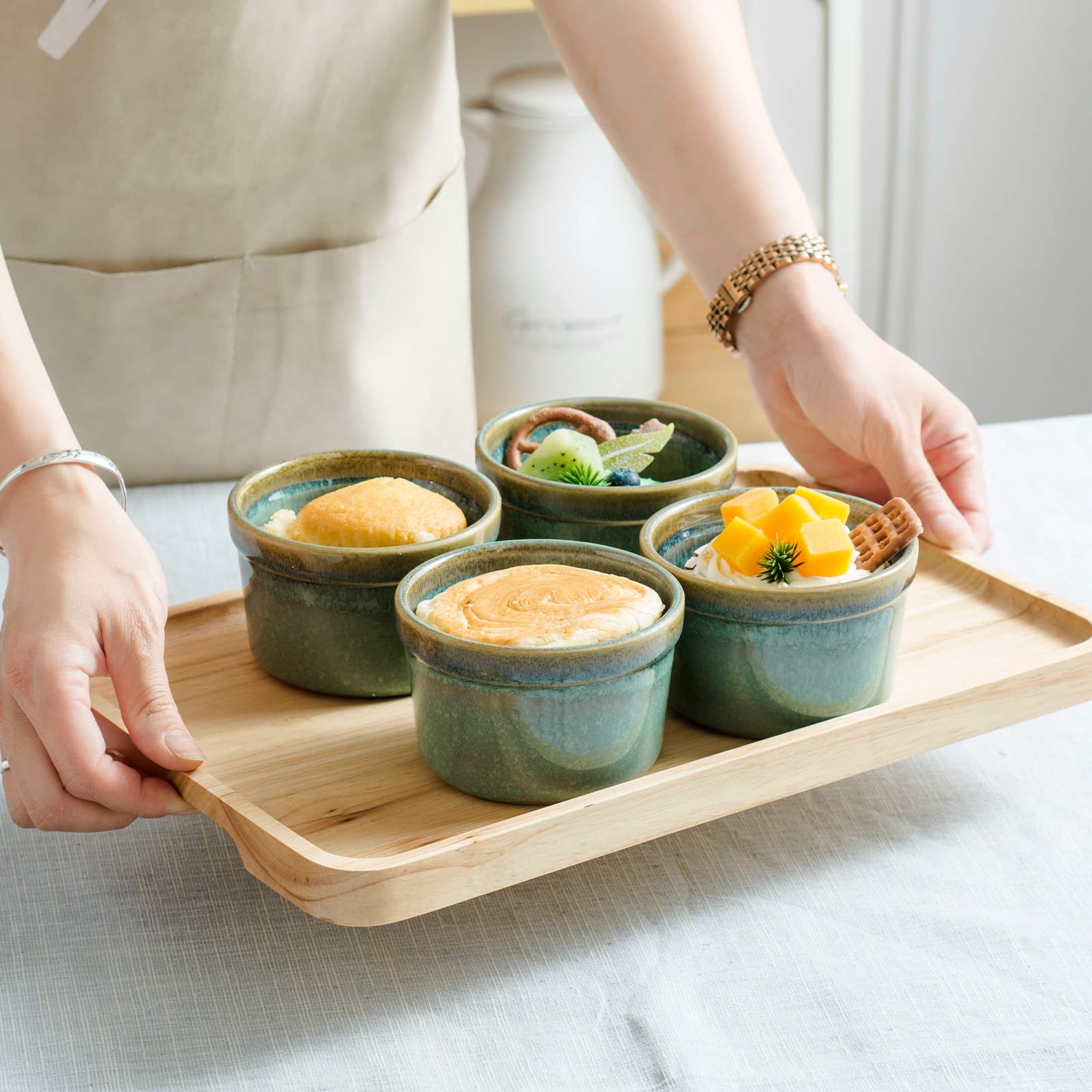 Lot de 4 Moules à Soufflé, 240 mL Ramequins Rond, Bol à Sauce Tapas, Moules pour Pudding, Creme Brulee, Bol à Dessert, Four et Micro-onde Convient (Vert Cristal)