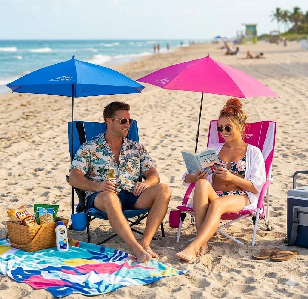 FAIR WIND Portable Beach Chair with Umbrella 300LBS Heavy Duty Folding Compact Canopy Chair with Cup Holder & Carry Bag for Beach, Camping, Concerts, Sports - Pink Color