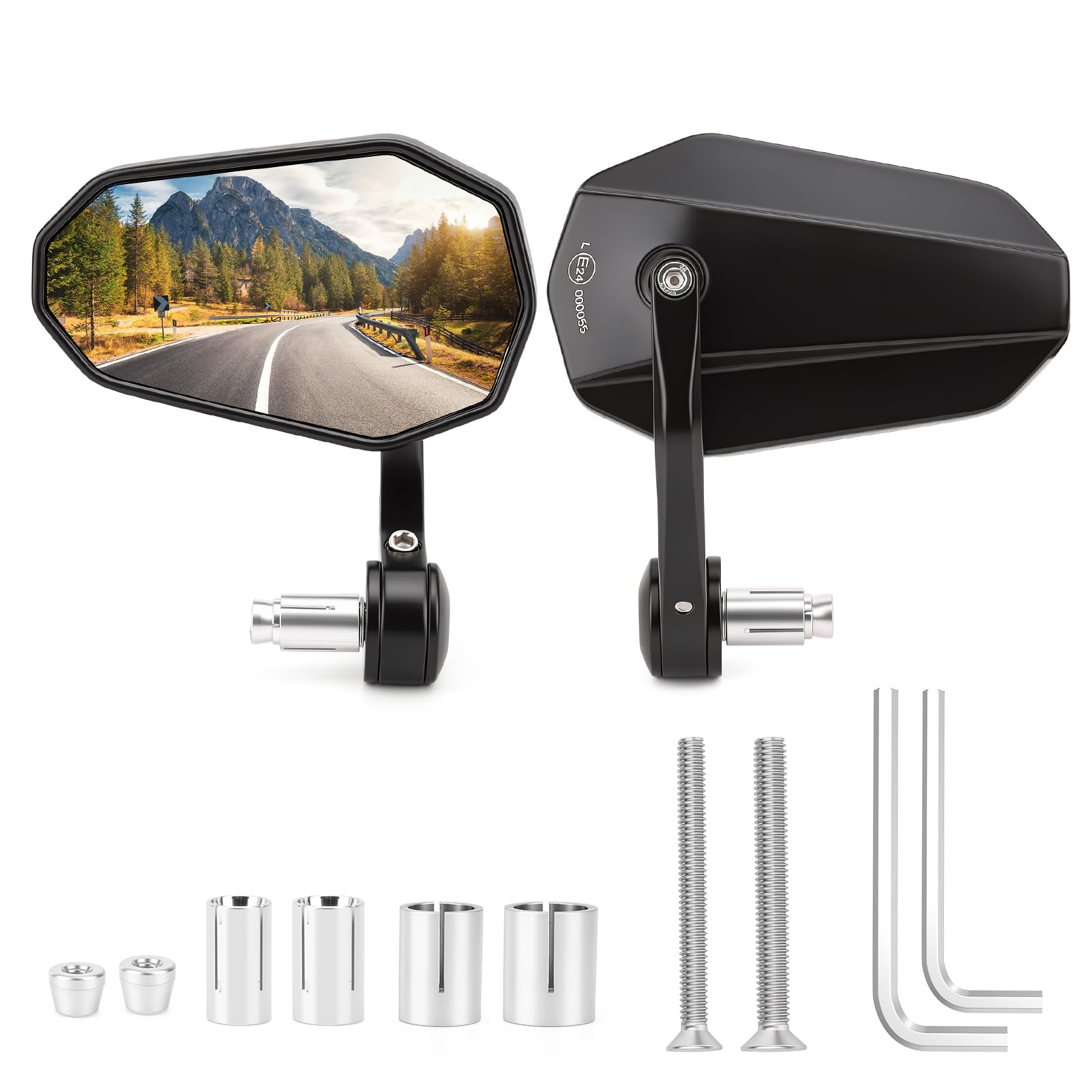 Motorcycle Mirrors Universal, 2 Pack Motorcycle Bar End Mirrors, Motorbike Rearview Mirrors with E-MARK, Universal Side Wing Mirror for Scooters ATVS Electric Bikes, 360° Rotatable,Towing Safe
