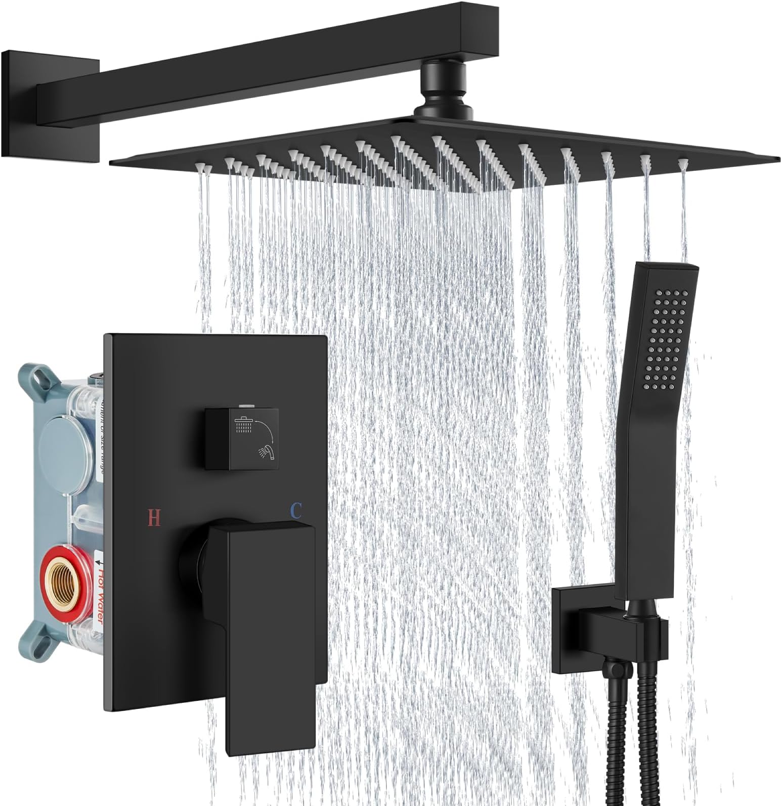 Shower Faucet Set Rain Shower System with Handheld Spray Bathroom Shower Combo Rough-in Valve and Shower Trim Kit Included Matte Black 12 Inch Wall Mount Shower Head