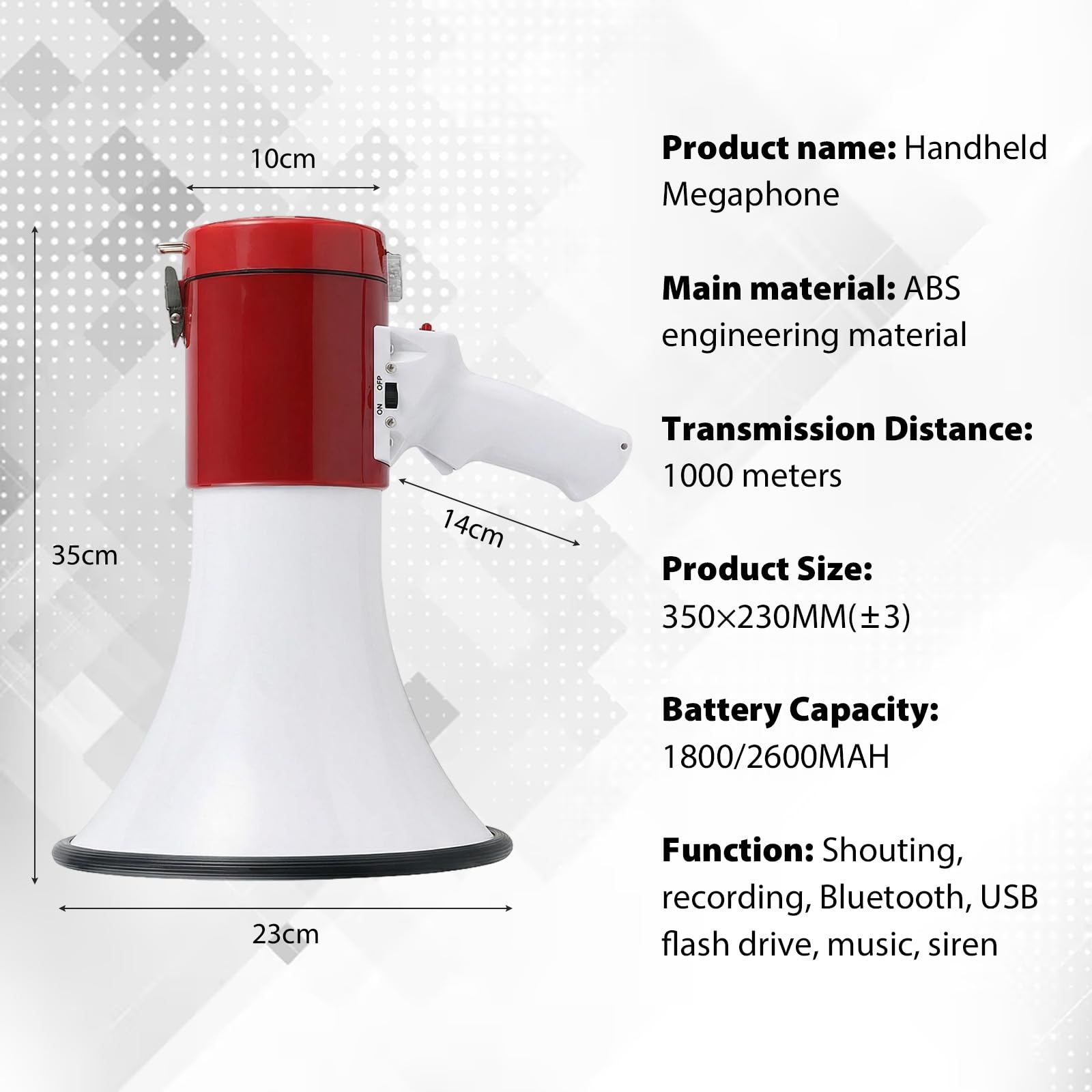 Megáfono 50W 1000m Sirena Micrófono Grabación 260S Bluetooth Correa Ajustable Rojo