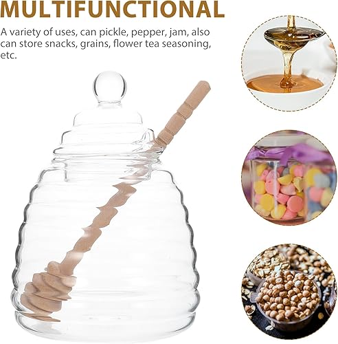 Miniatura 3 de Hemoton Tarro de miel de vidrio con tapa y gotero, 2 juegos de miel de cristal transparente para miel de colmena y jarabe para el hogar y la cocina,