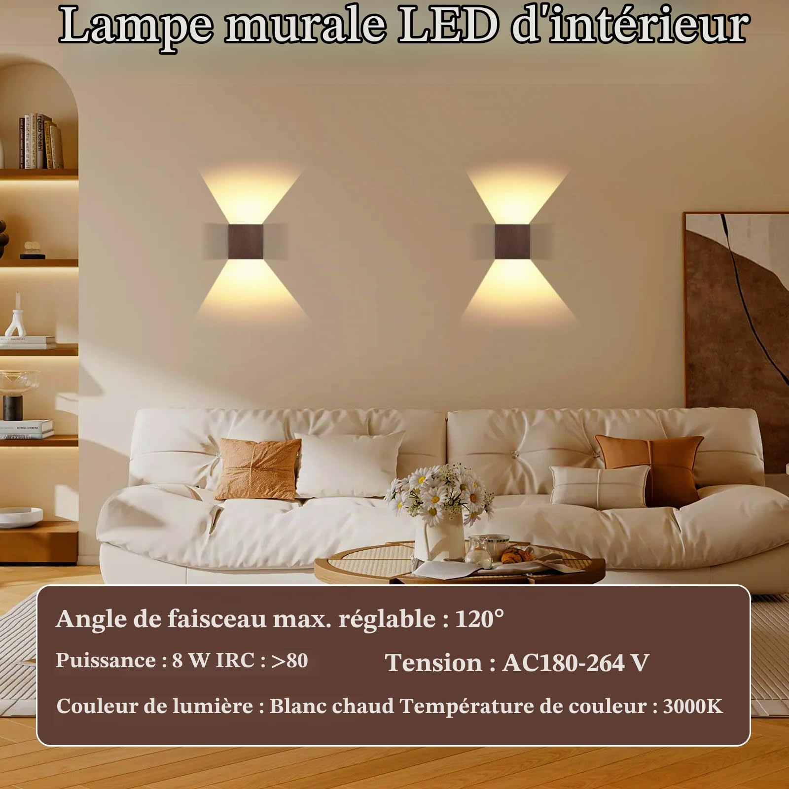 2 pièces Applique Murale Intérieure Bois 8W Blanc Chaud 3000K Haut et Bas