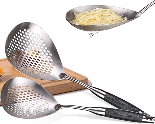 Miniatura 11 de MARTE Cuchara ranurada de 14.8 pulgadas para pasta, cuchara para cocinar y freír, cuchara coladora de cocina con mango de madera negra resistente al