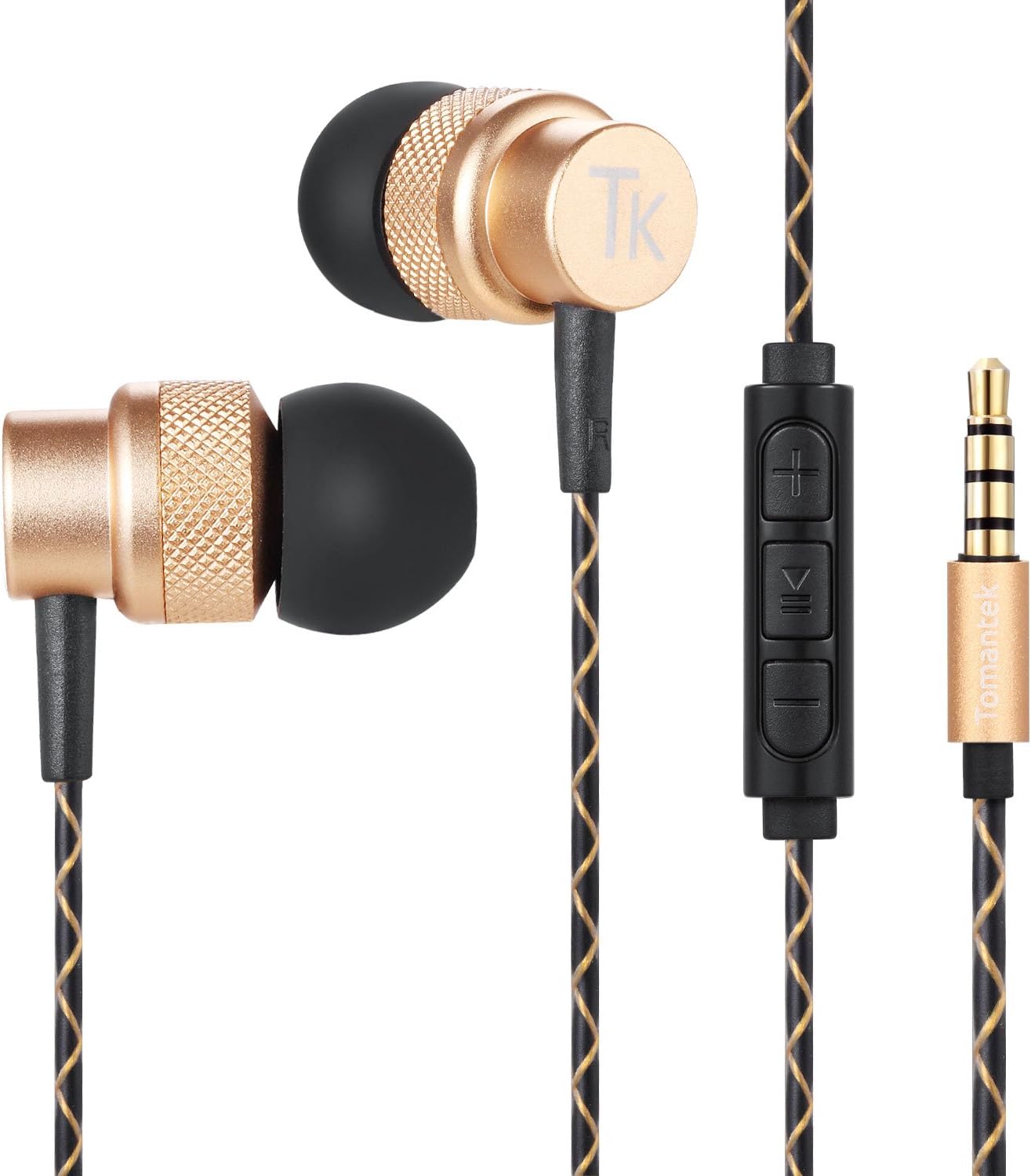 TOMANTEK TK-EM290 Earphones Headphones, High Definition, in-Ear, Tangle Free, Noise Isolating with Microphone, Volume Control & 3.5mm Wired Cable, Gold