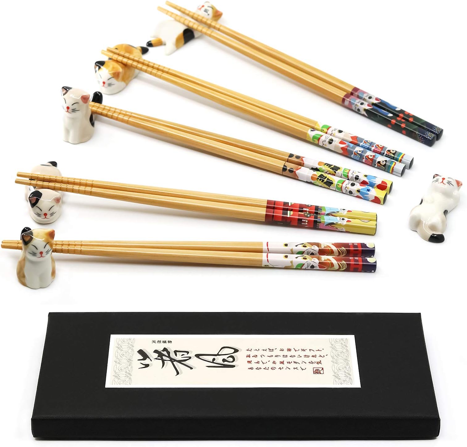 5 Pairs Natural Brown Bamboo Chopsticks, 6 Cute Lucky Cat Porcelain Chopstick Holders, Dishwasher Safe, Kawaii Japan Style, Cats Chopstick Rest, Non-Slip, Kids Gift Set