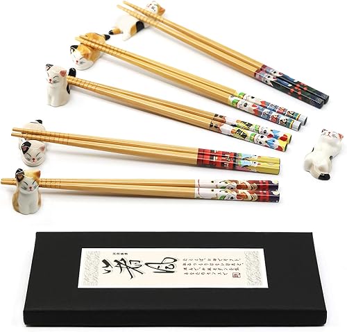 5 pares de palillos y 6 bonitos soportes para palillos de gato de la suerte, estilo japonés clásico, reutilizables, de bambú, antideslizantes, aptos